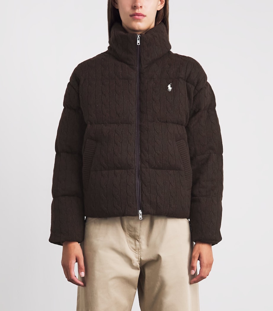 Polo Ralph Lauren Womens Wool-Cashmere Cable-Knit Puffer Jacket Walnut Brown Melange Image 4
