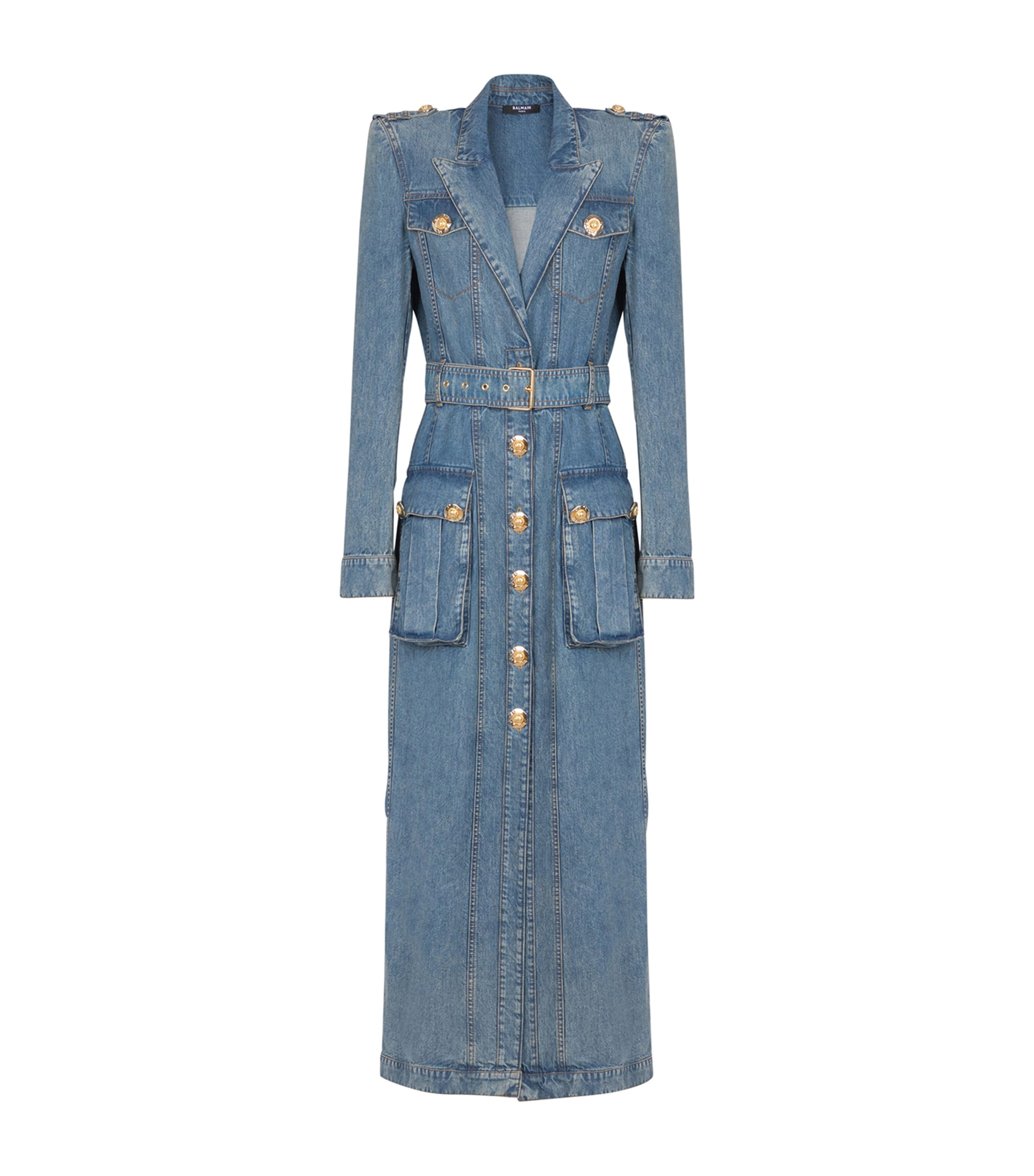 Balmain Denim Belted Maxi Dress In Blue