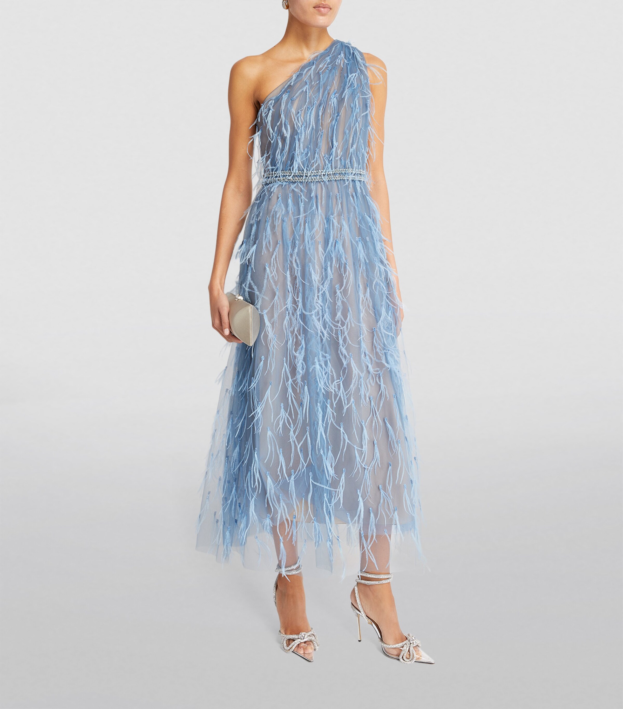 Marchesa Blue Feather-Detail One-Shoulder Midi Dress | Harrods BH