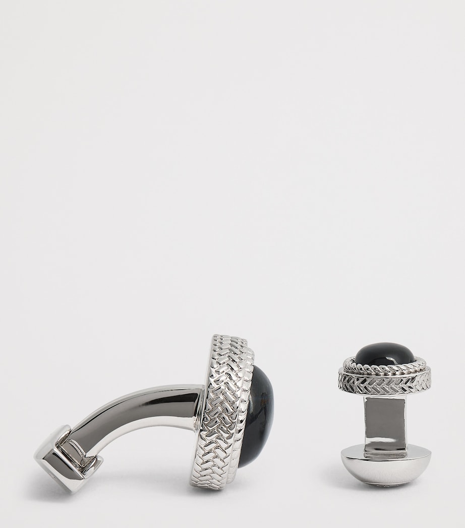 Sterling Silver and Onyx Herringbone Cufflinks and Studs Set BLUE Image 4