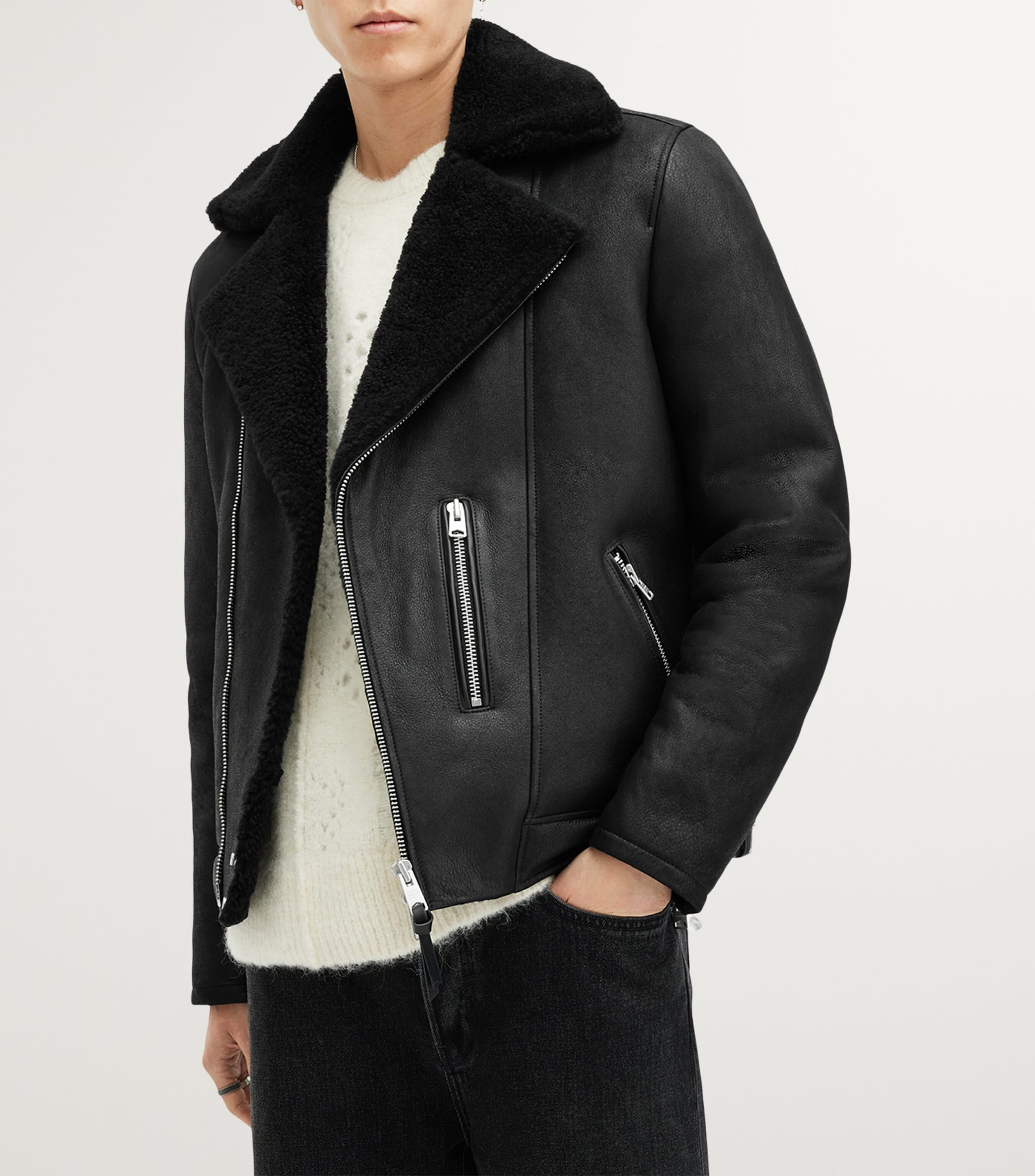 AllSaints Black Sheepskin Shearling Xena Jacket | Harrods UK