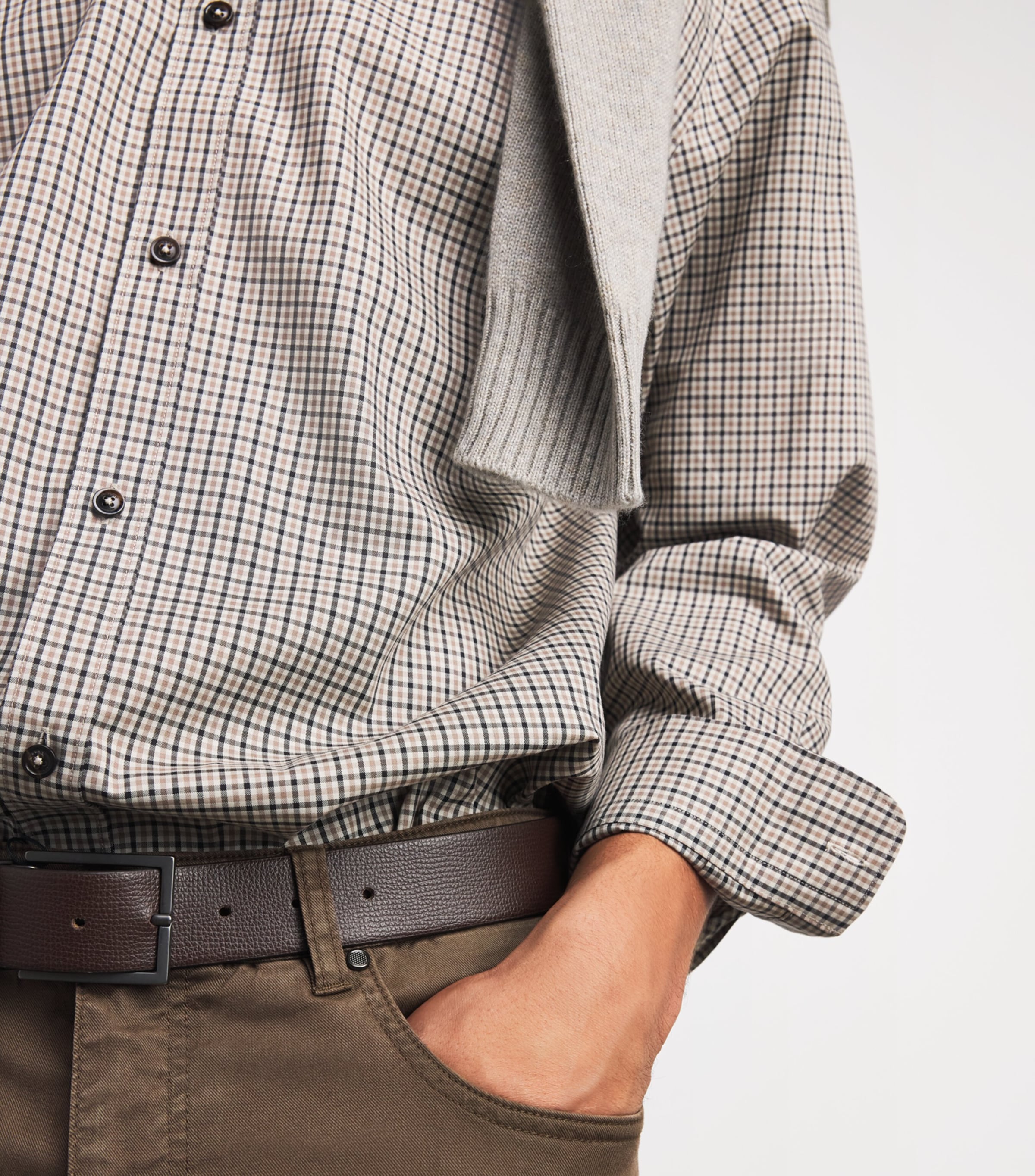 Purdey Mens Cotton Tattersall Shirt Taupe Image 3