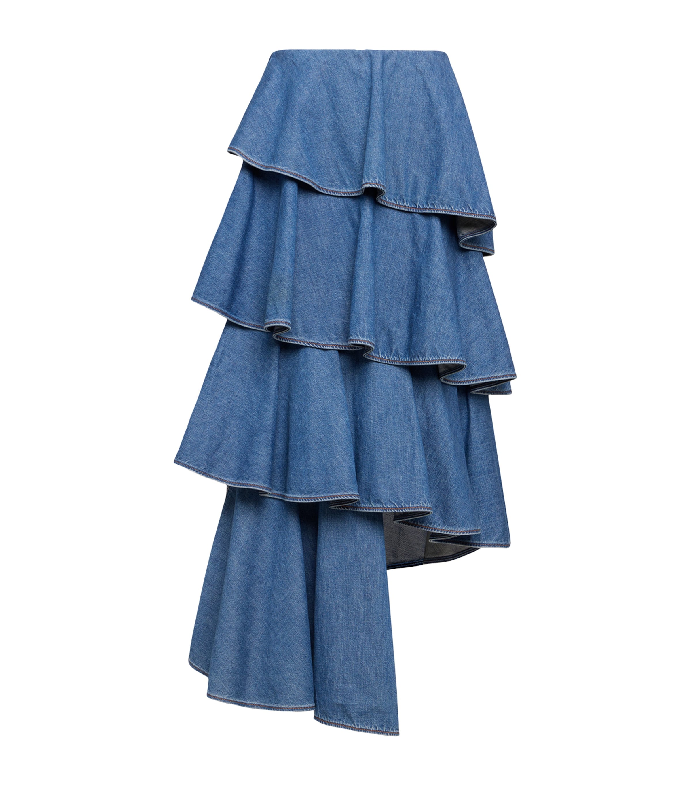 Alaïa High Waist Tiered Ruffled Denim Skirt In Blue