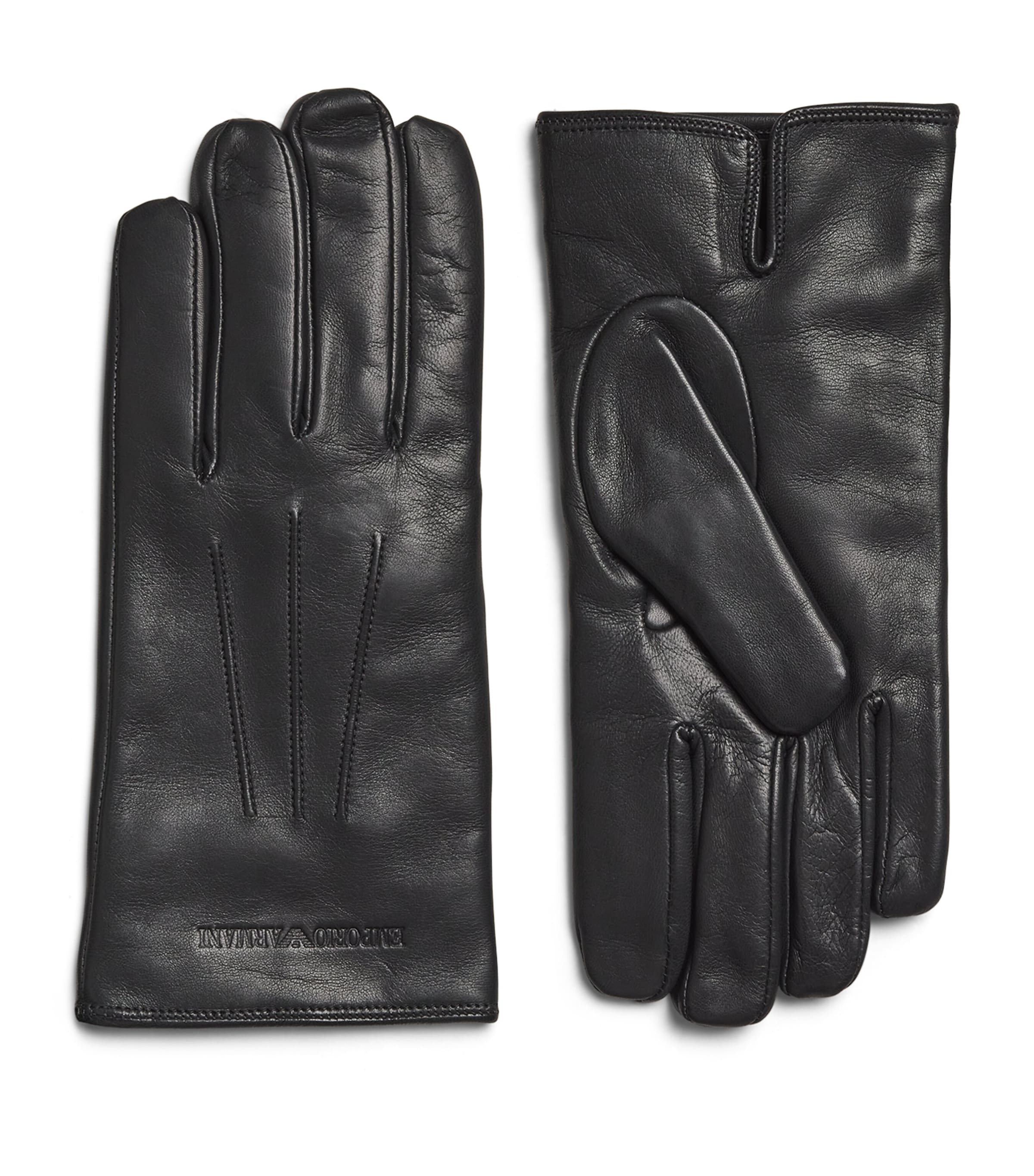 Emporio Armani Leather Embossed Gloves In Grey