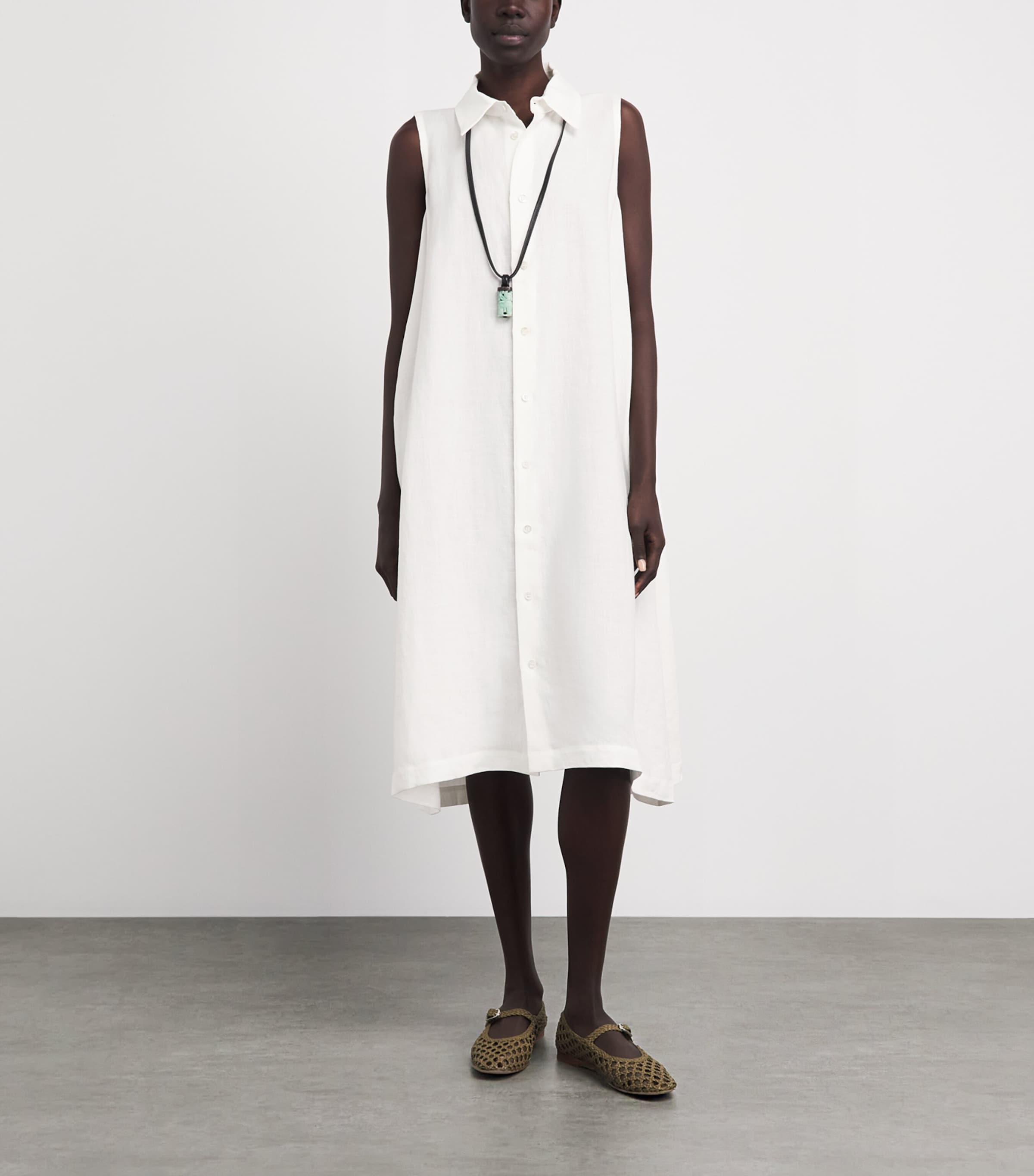 Eskandar Womens Linen Sleeveless Midi Shirt Dress White Image 2