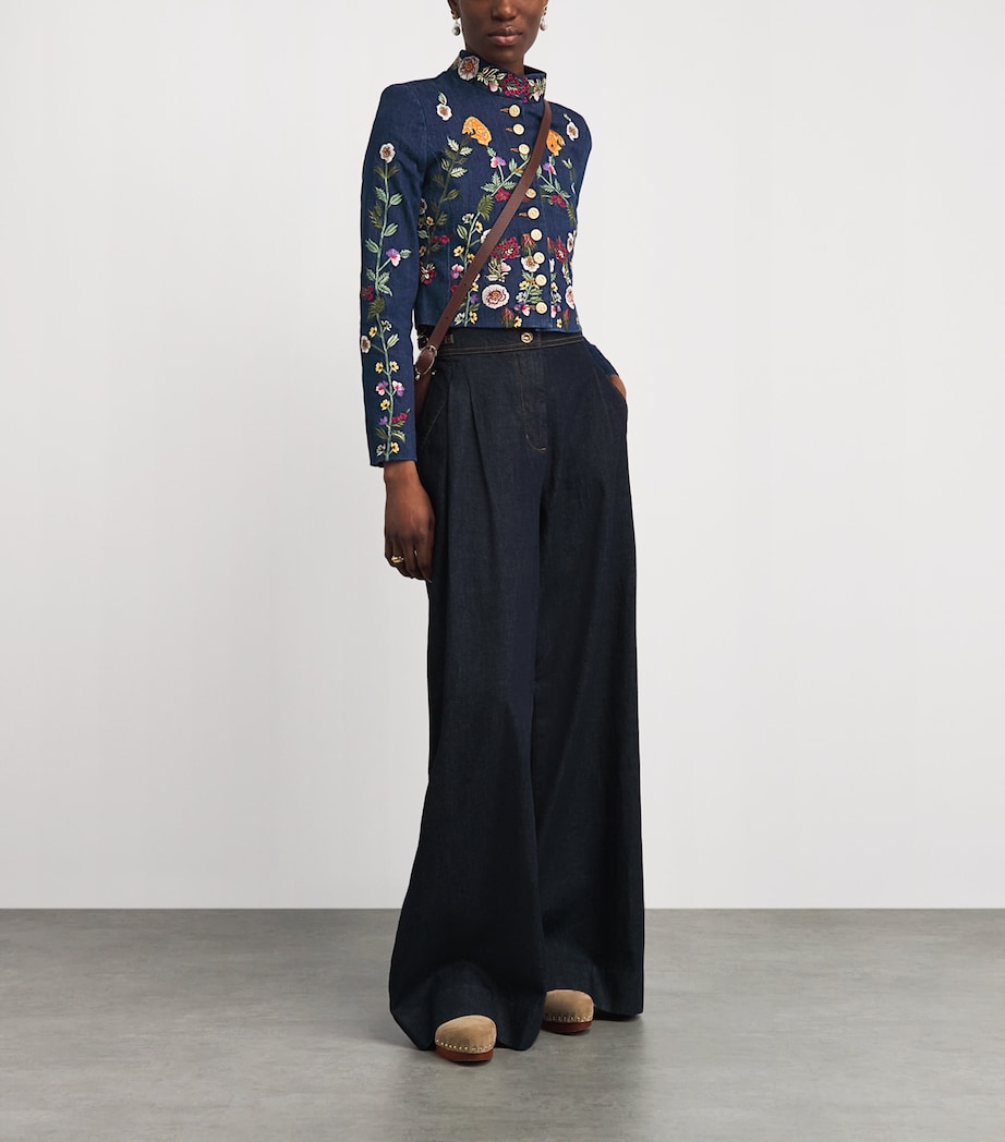 Alice+Olivia Womens Embroidered Emerson Denim Jacket Drk Mlti Image 2
