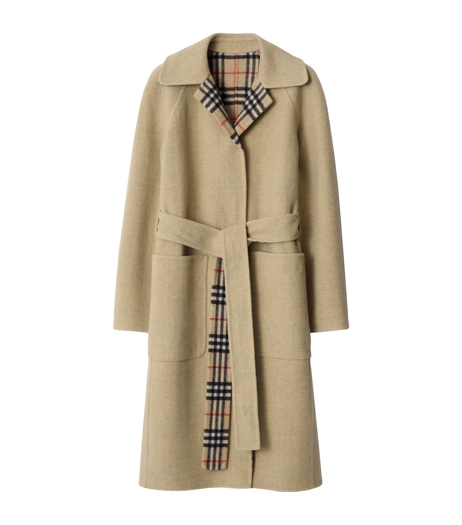 Wool Reversible Hooded Wrap Coat SAND IP CHECK Image 1