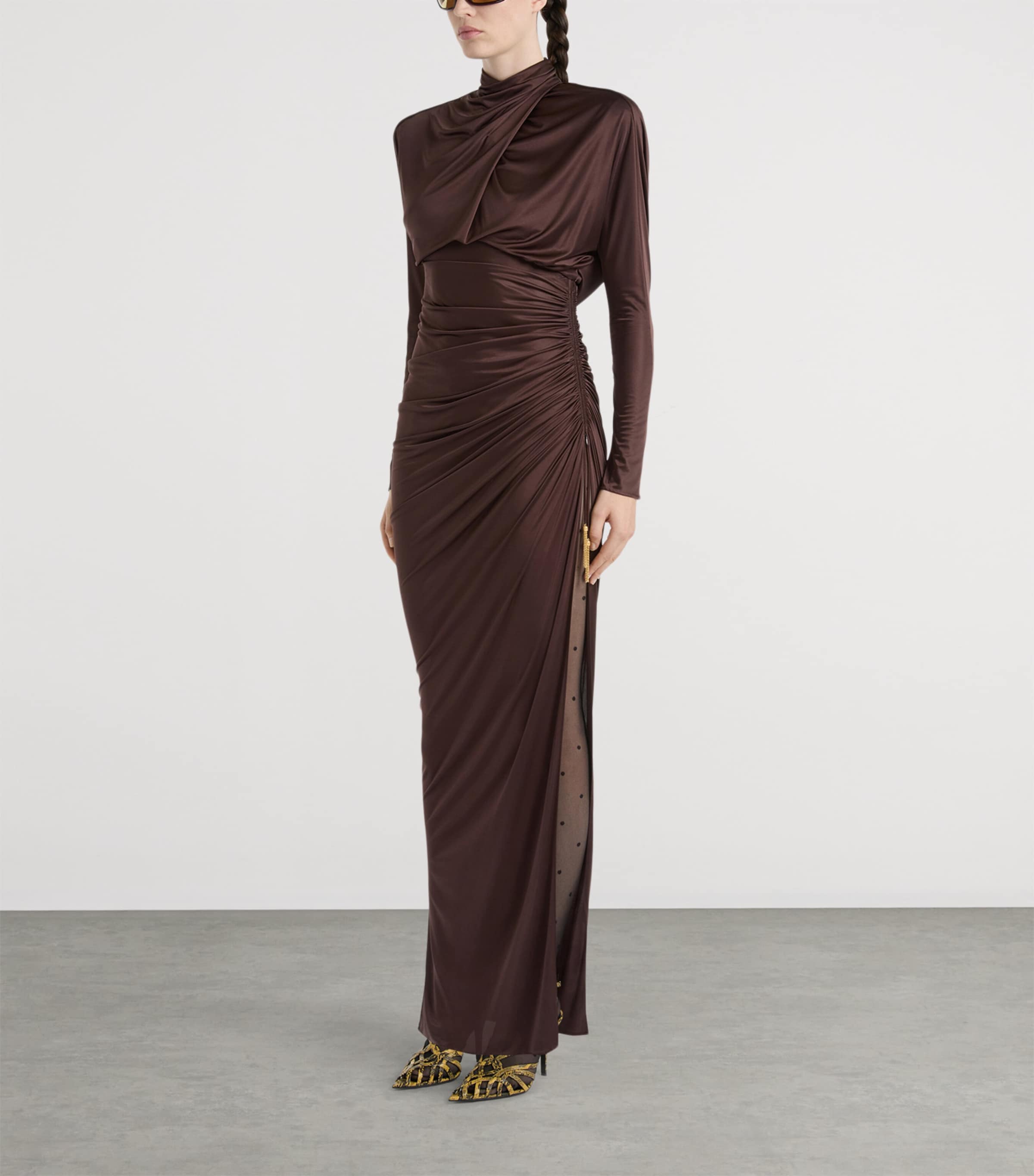 Balmain Womens Draped Long-Sleeve Maxi Dress Brown Marron Image 2