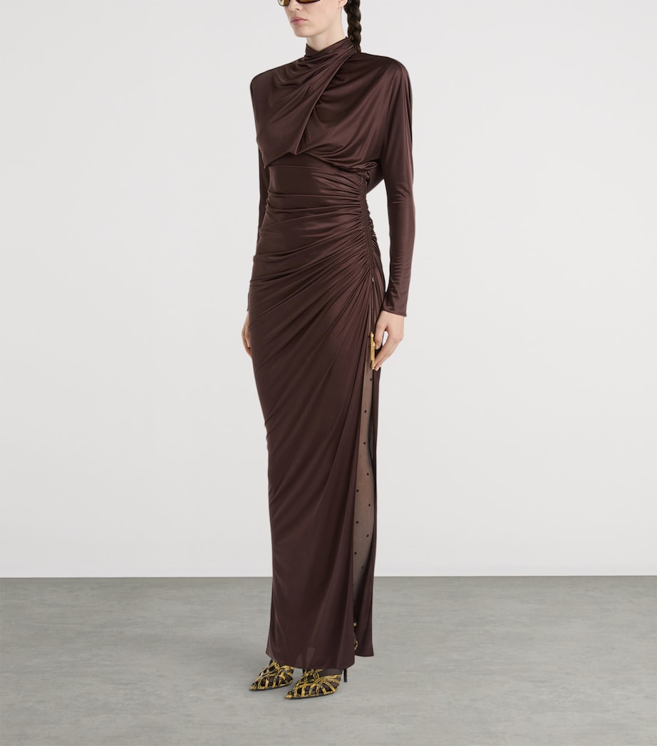 Balmain Womens Draped Long-Sleeve Maxi Dress Brown Marron Image 2