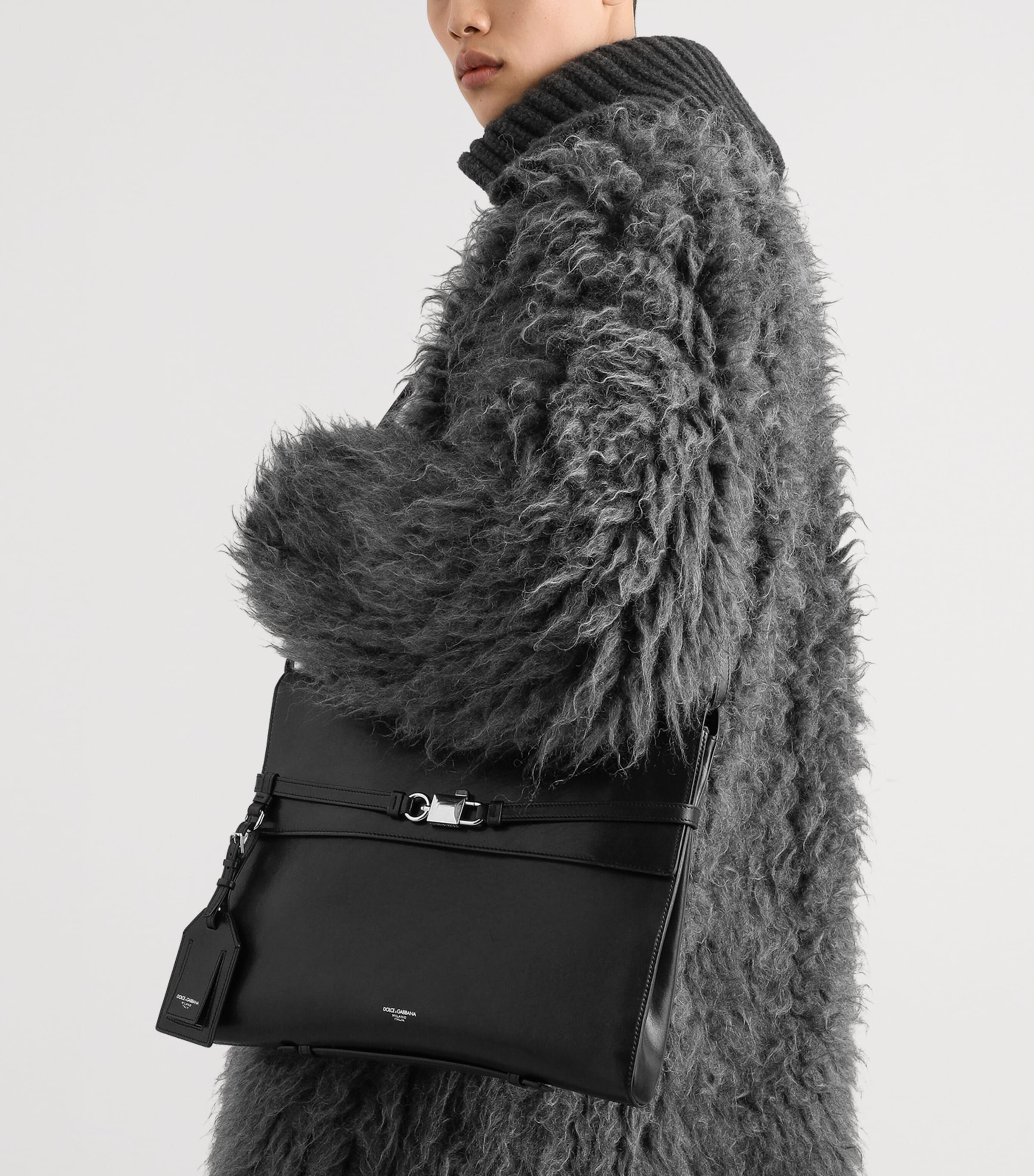 Dolce&Gabbana Leather Clip-Lock Messenger Bag Black Image 3