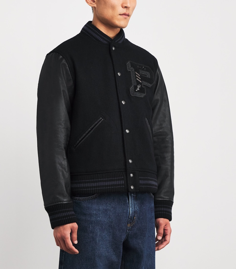 Wool-Blend Leather-Sleeve Varsity Jacket BLACK Image 3
