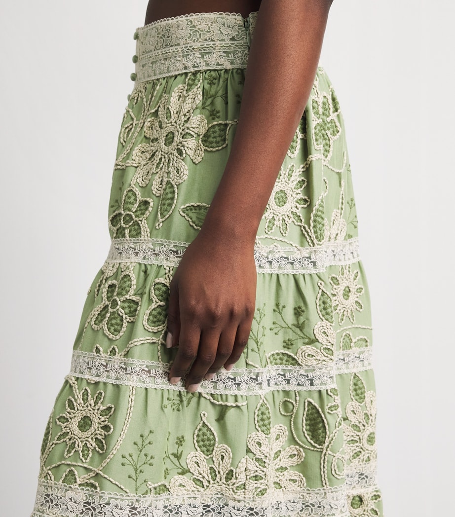 Alice+Olivia Womens Embroidered Adira Maxi Skirt Green Lily/oatmeal Image 3