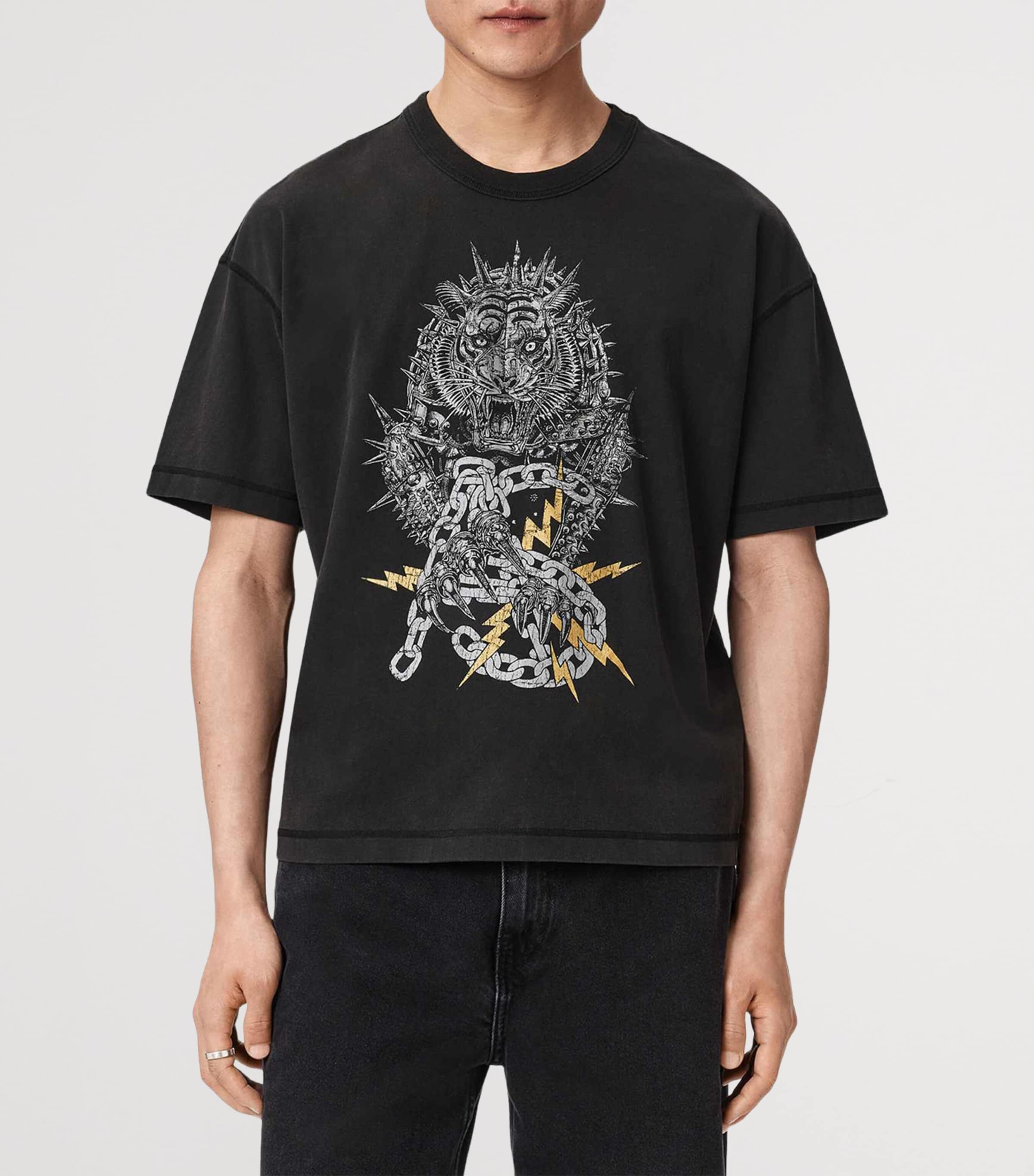 AllSaints Mens Cotton Iron Tiger T-Shirt Washed Black Image 3