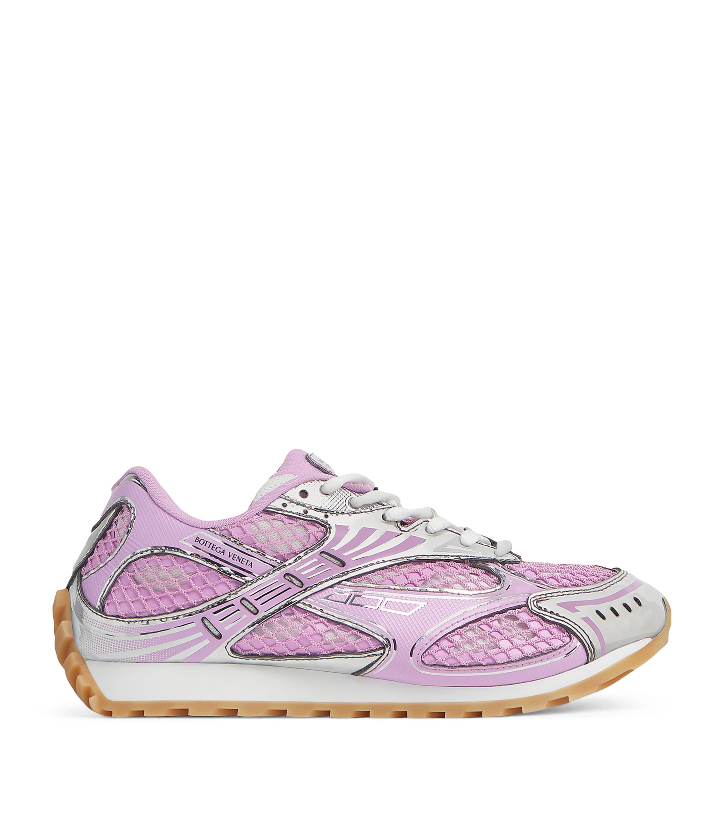 Bottega Veneta Women 'orbit' Pink Sneakers With Logo Lettering Print In Lightweight Techno Mesh Woma In Red