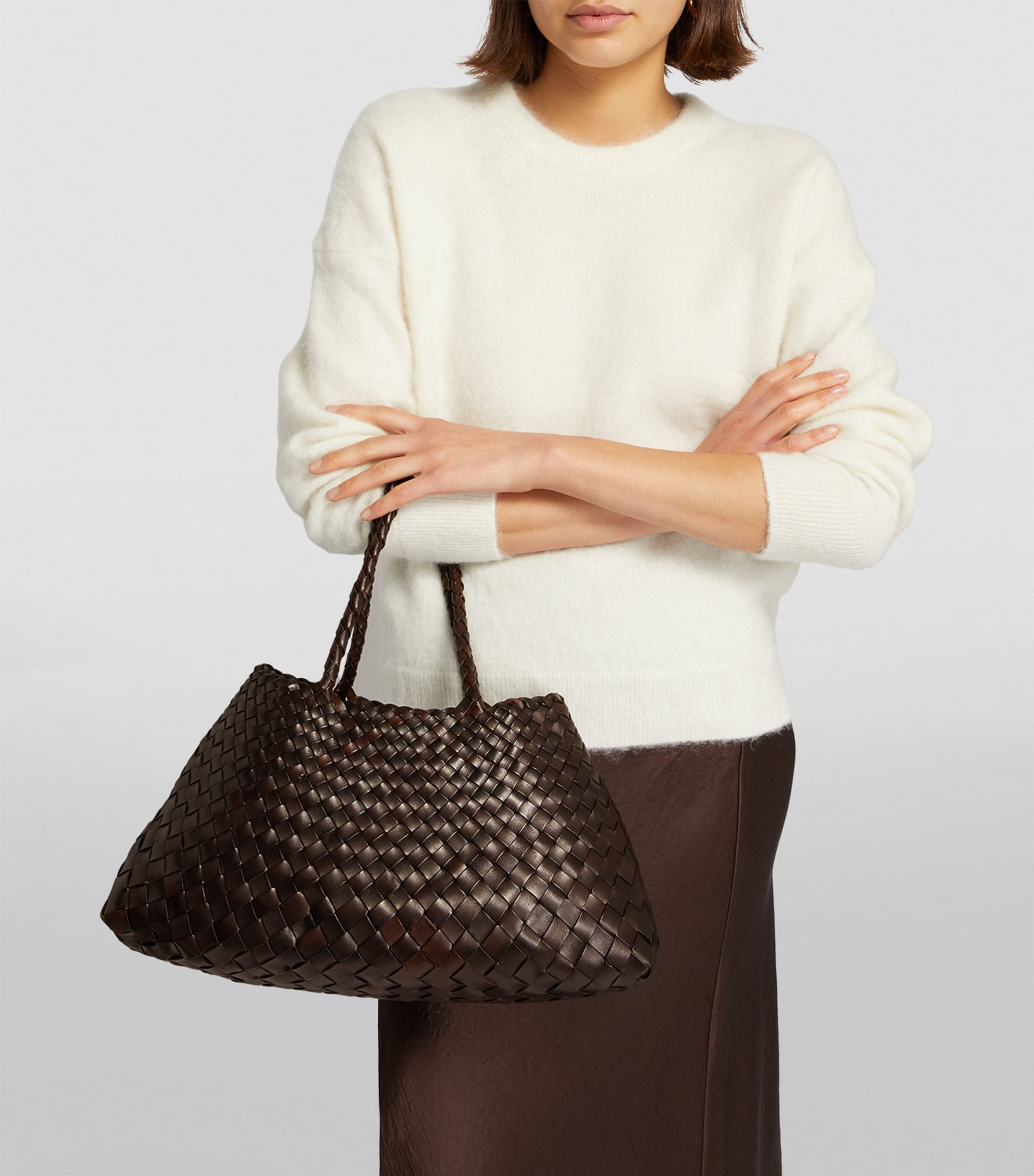 DRAGON DIFFUSION Brown Large Leather Woven Santa Croce Tote Bag