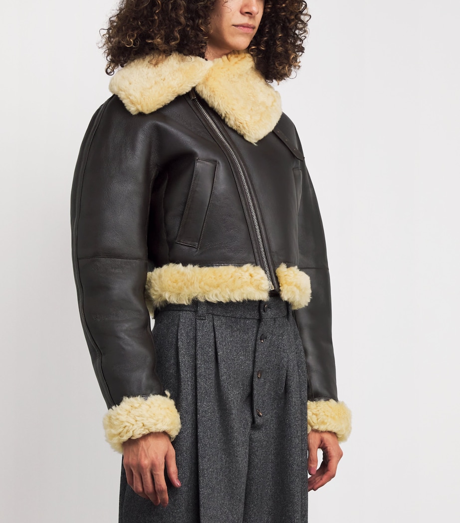 Shearling-Trim Aviator Leather Jacket 880 DARK BROWN Image 3