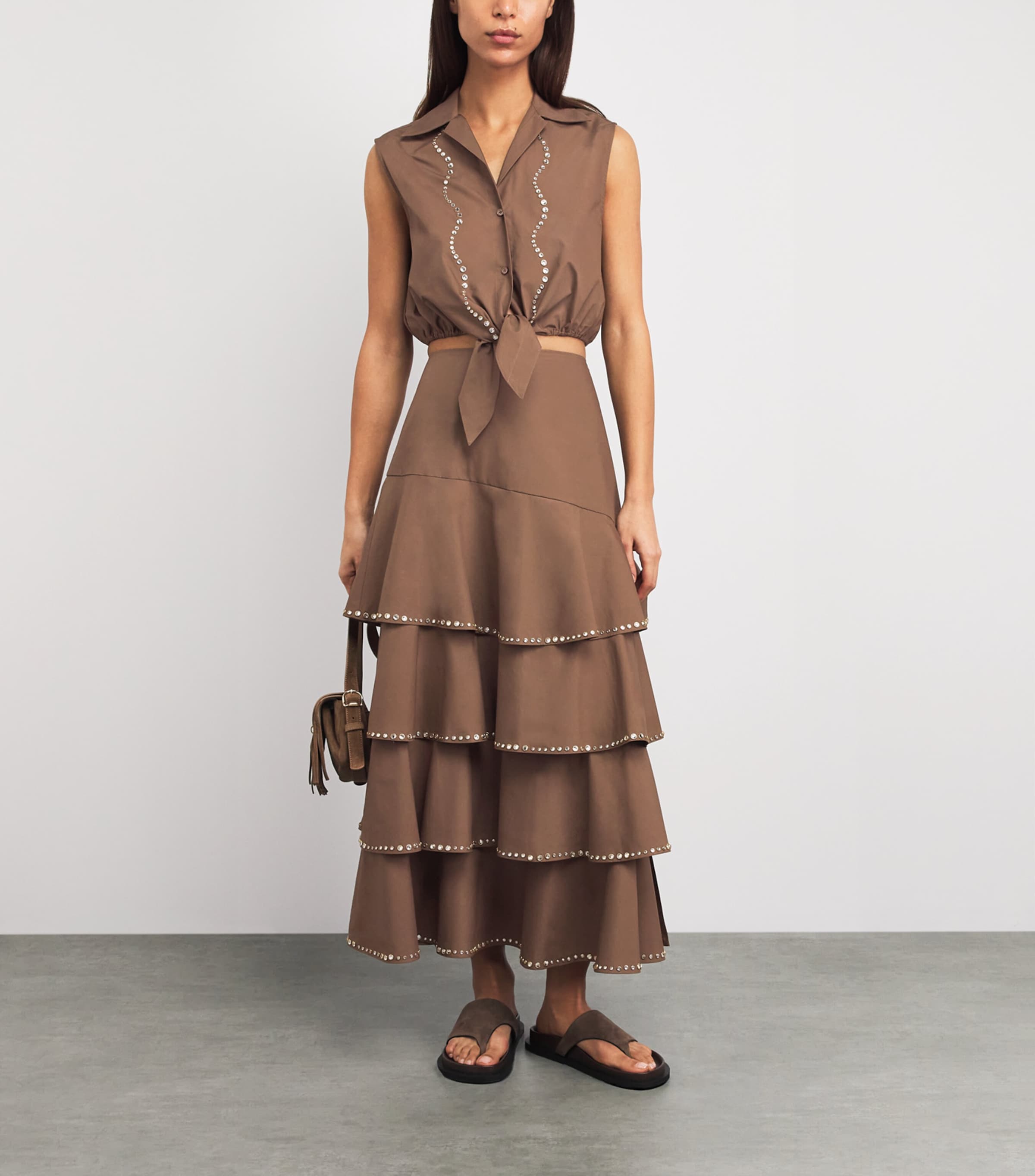 Sandro Paris Womens Cotton Embellished Maxi Skirt Brown Image 2