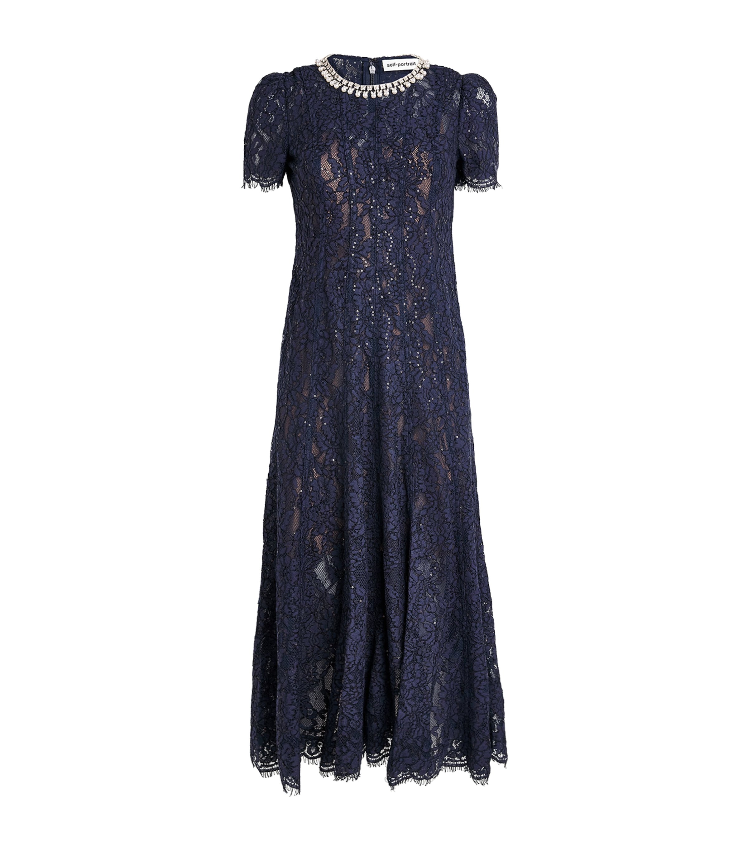 Self-portrait Navy Lace Midi Dress With Pearl And Crystal Embellished Collar In Blue