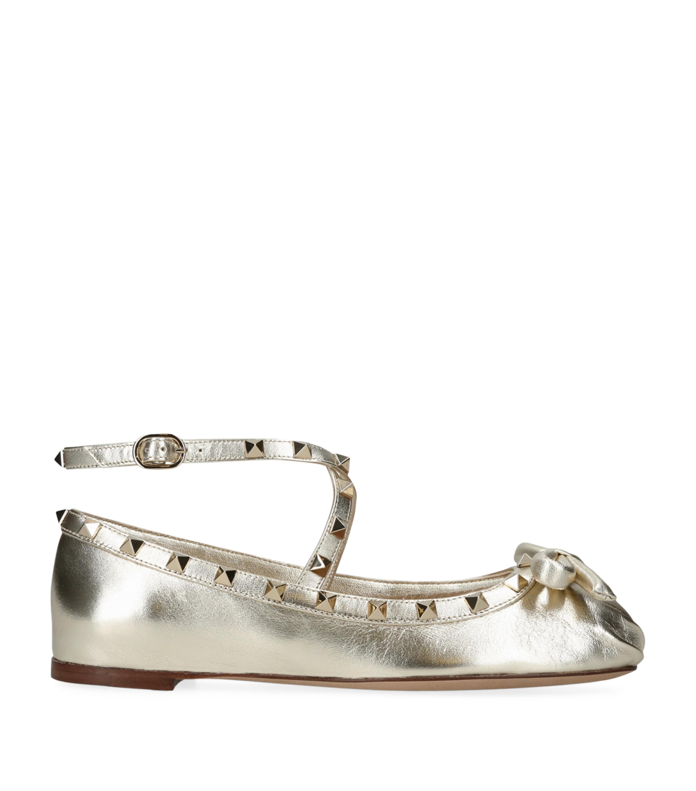 Valentino Garavani Rockstud Ankle-strap Ballerina Flats In Gold