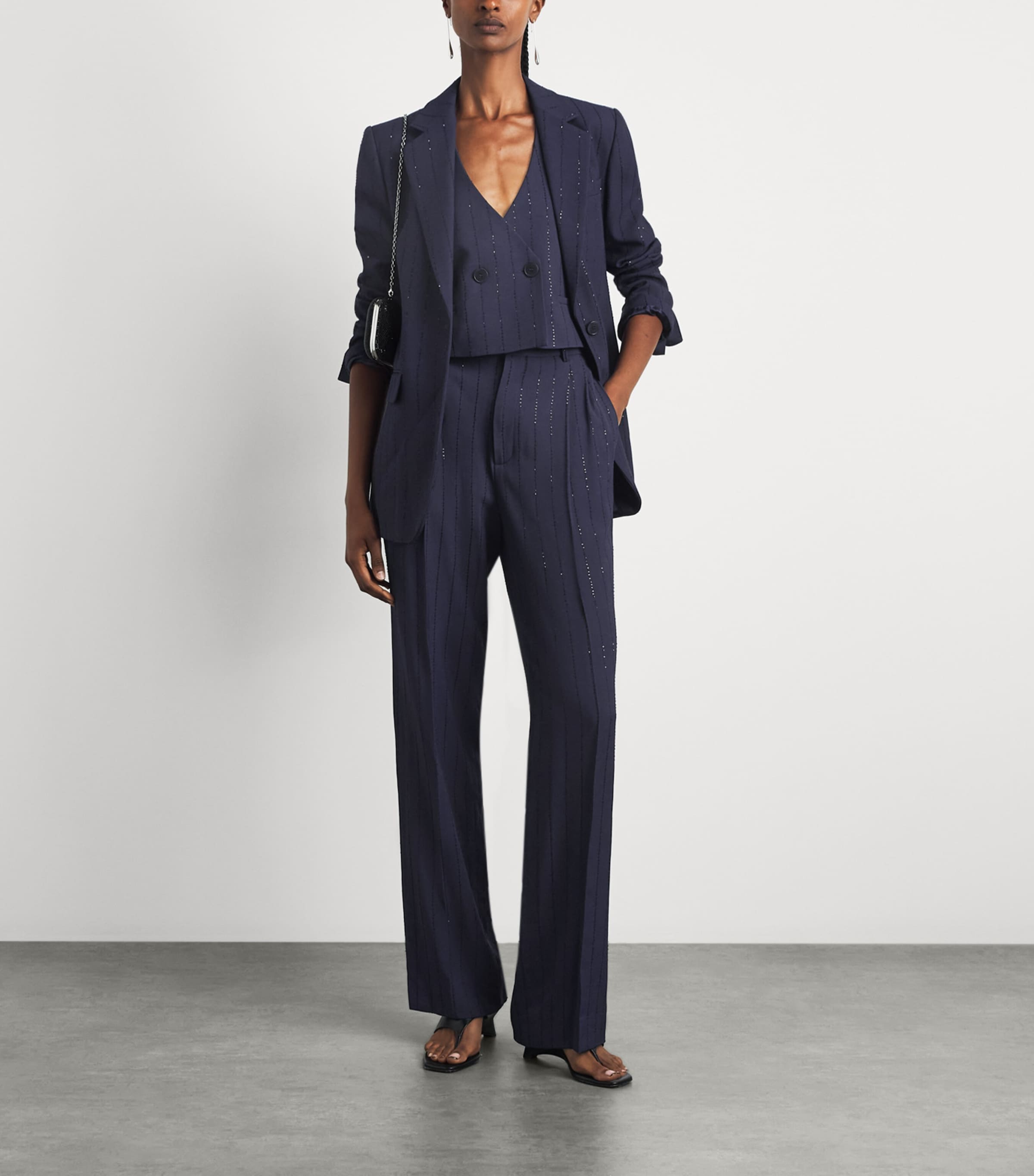 Sandro Paris Womens Embellished Stripe Blazer Dark Navy Image 2