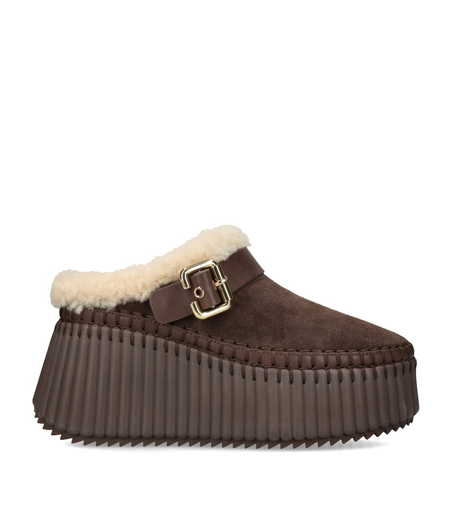 Chloé Suede-Shearling Nama Wedge Mules 90 Dark Brown Image 1
