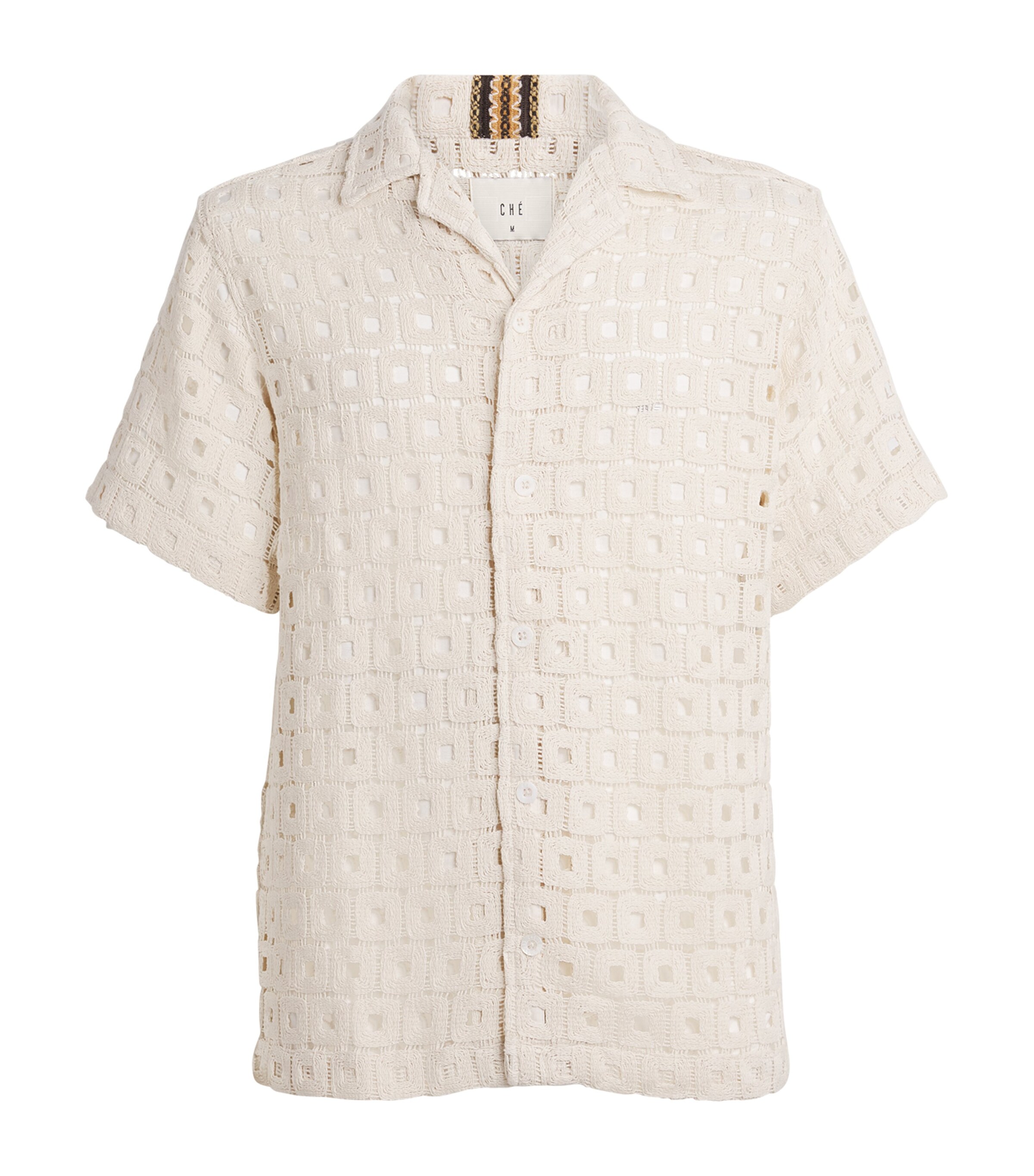 CHÉ Mens Cotton-Blend Open-Crochet Knit Shirt Ivory Image 1