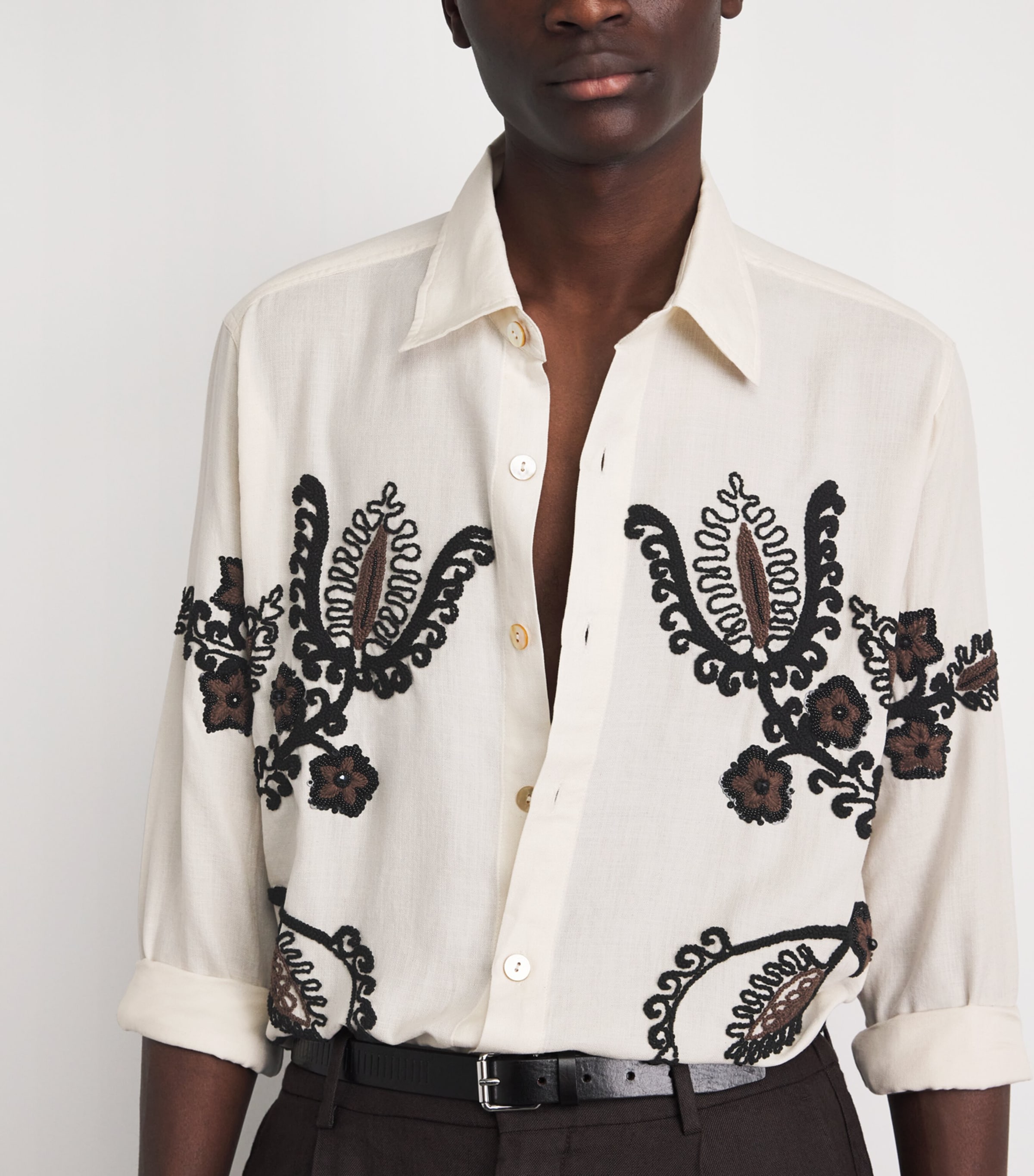 Kartik Research Mens Cotton Embroidered Floral Shirt Ecru/ Black/ Brown Image 3