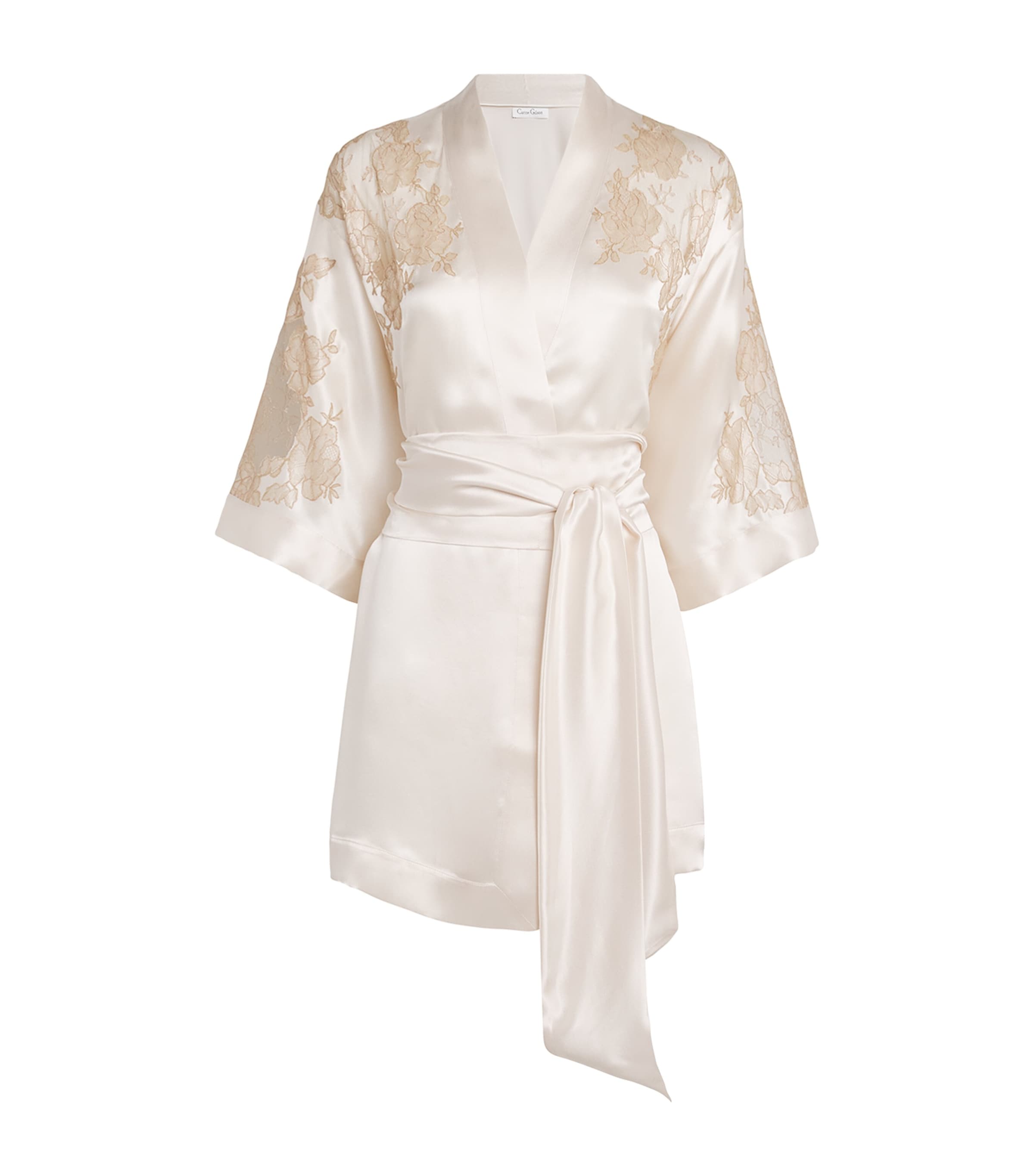 Carine Gilson Silk Lace-trim Short Kimono Robe In White