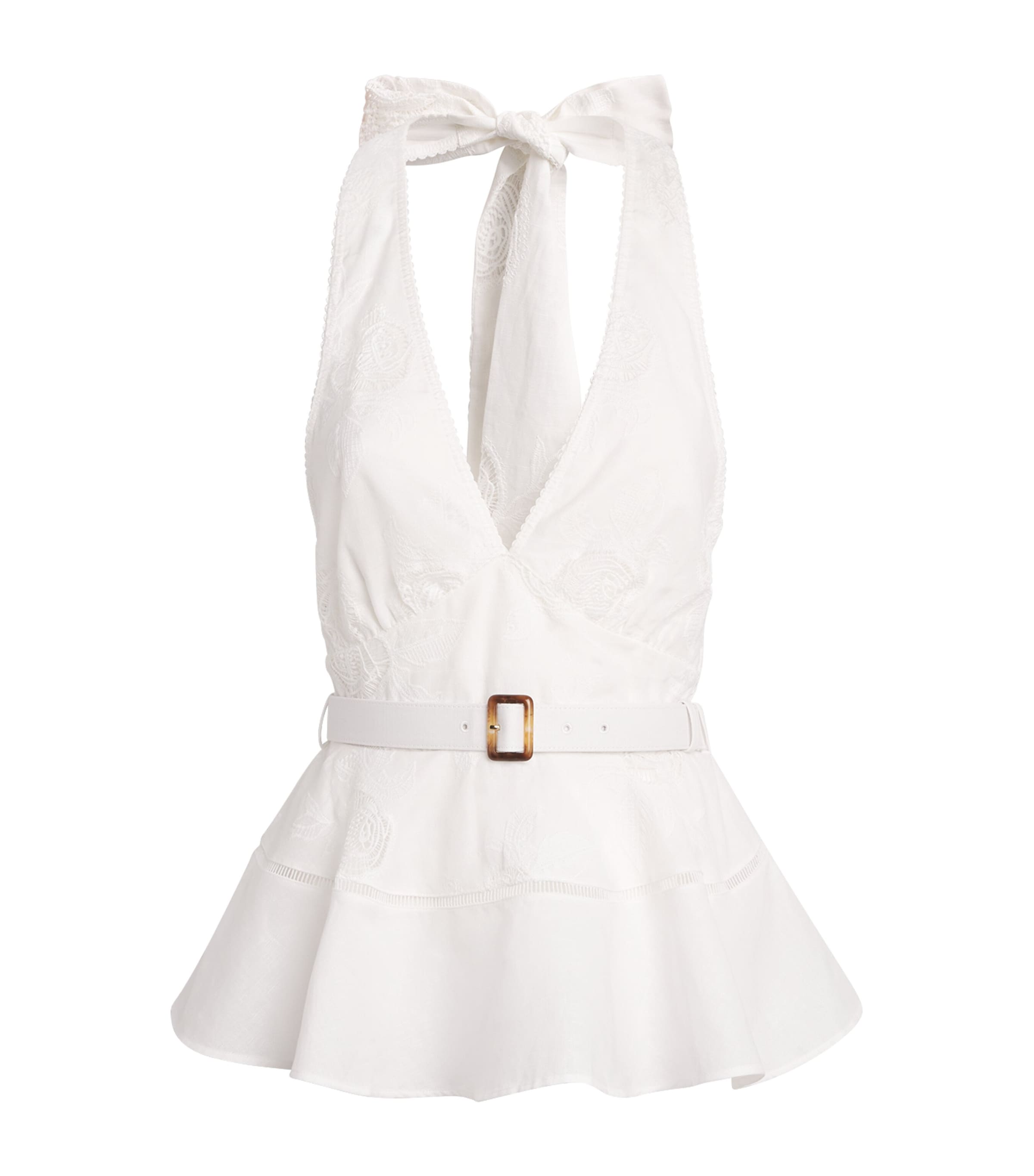 Self-Portrait Womens Linen-Cotton Peplum Top White Image 1
