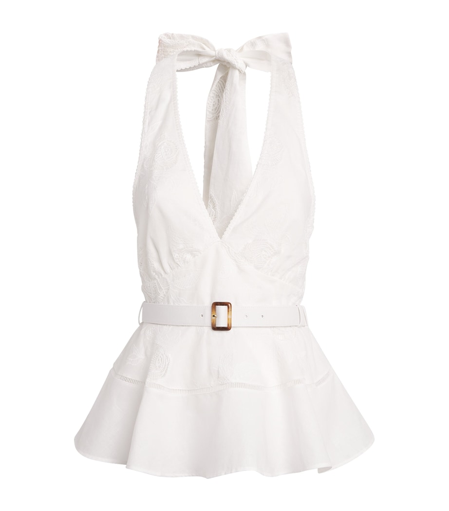 Self-Portrait Womens Linen-Cotton Peplum Top White Image 1