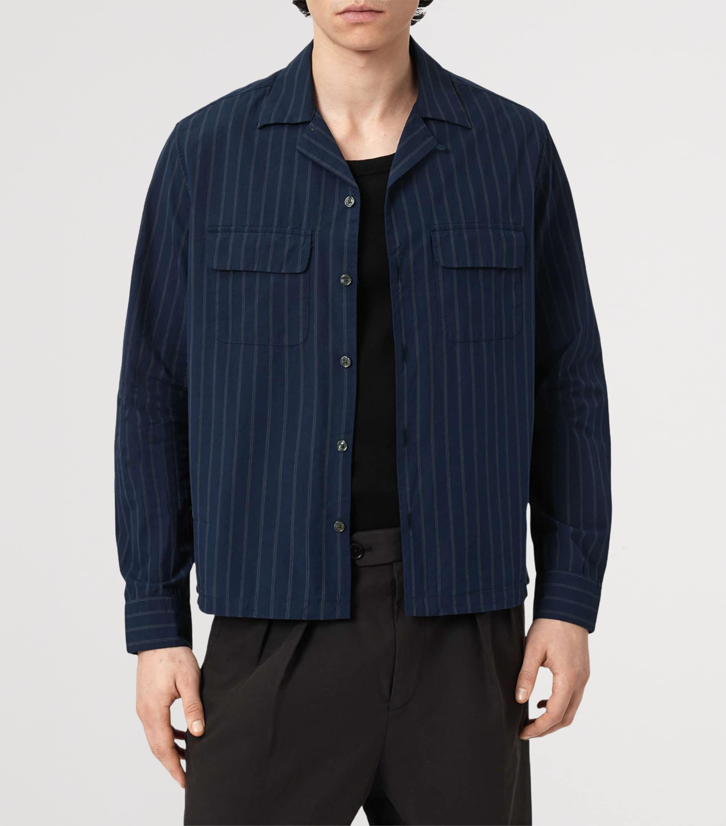 AllSaints Mens Organic Cotton Stripe Stanley Shirt Navy Blue Image 3