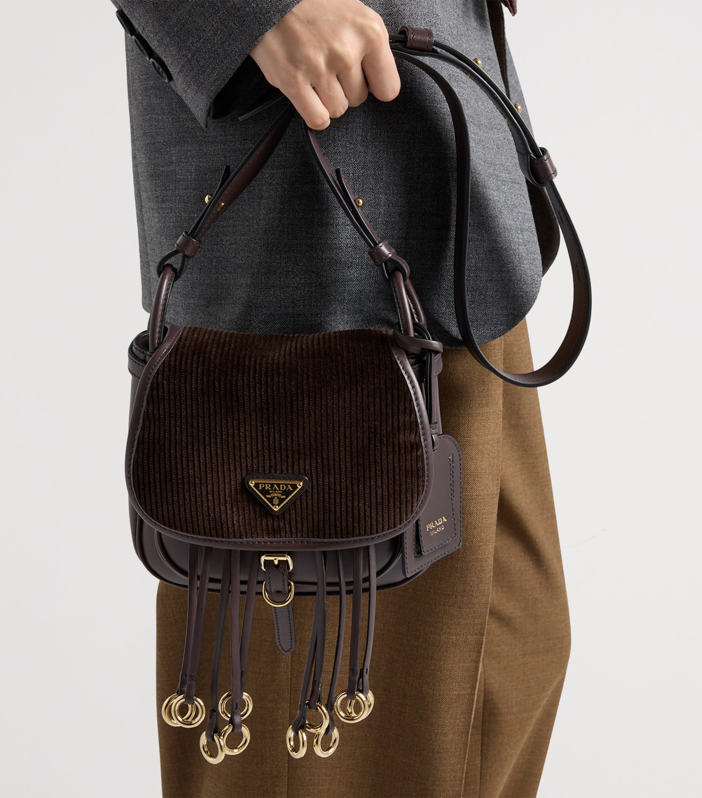 Prada Mini Leather and Corduroy Corsaire Shoulder Bag Brown Image 2