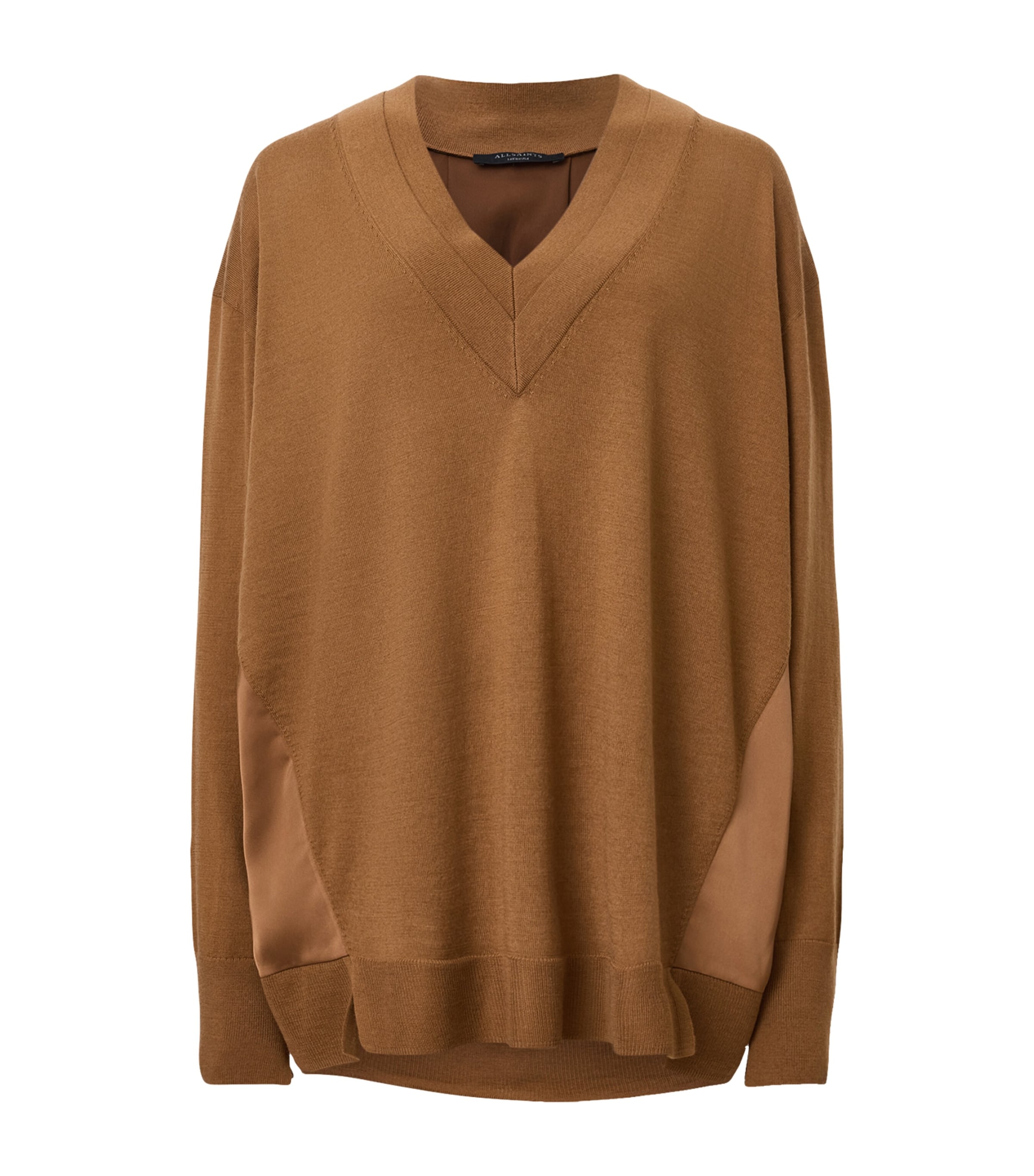 Allsaints Womens Caramel Brown Bern V-neck Contrast-panel Merino-wool Jumper In Brown