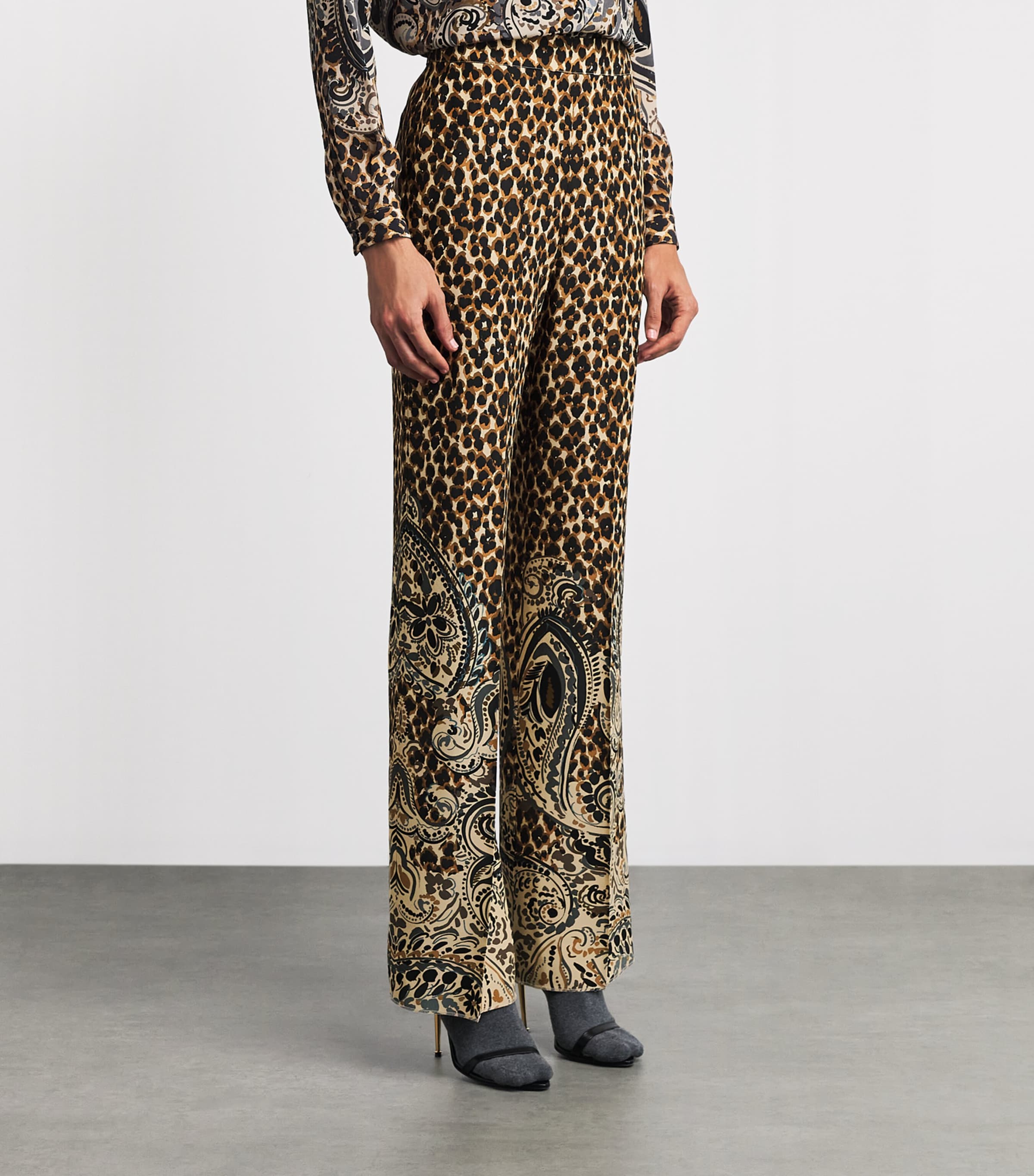 Etro Womens Silk Leopard Straight Trousers Beige Image 4
