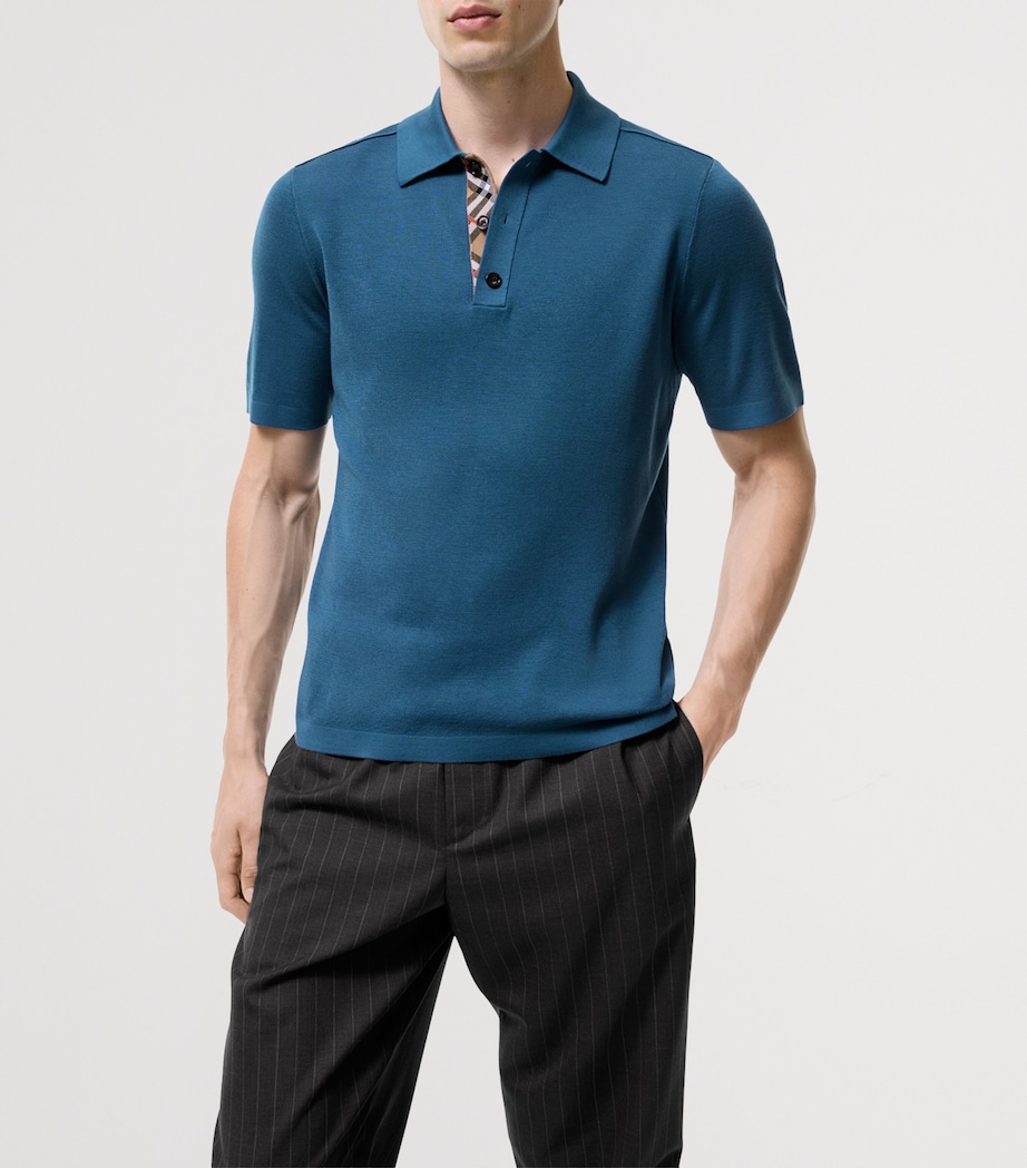 Burberry Mens Wool Check-Trim Polo Shirt Officers Blue Image 2