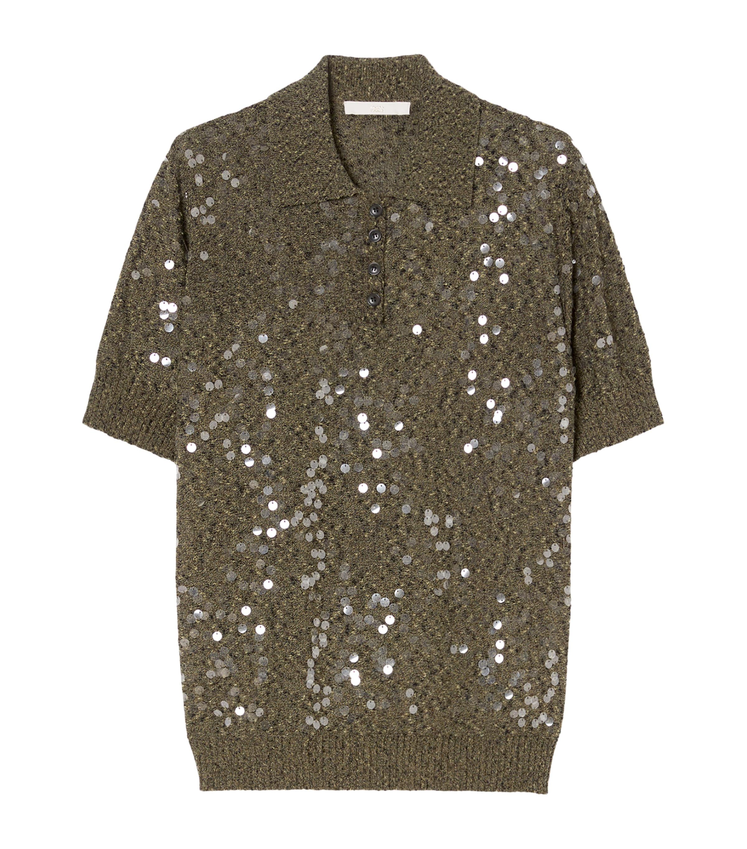 Marina Rinaldi Womens Sequin-Embellished Polo Sweater Kaki Image 1