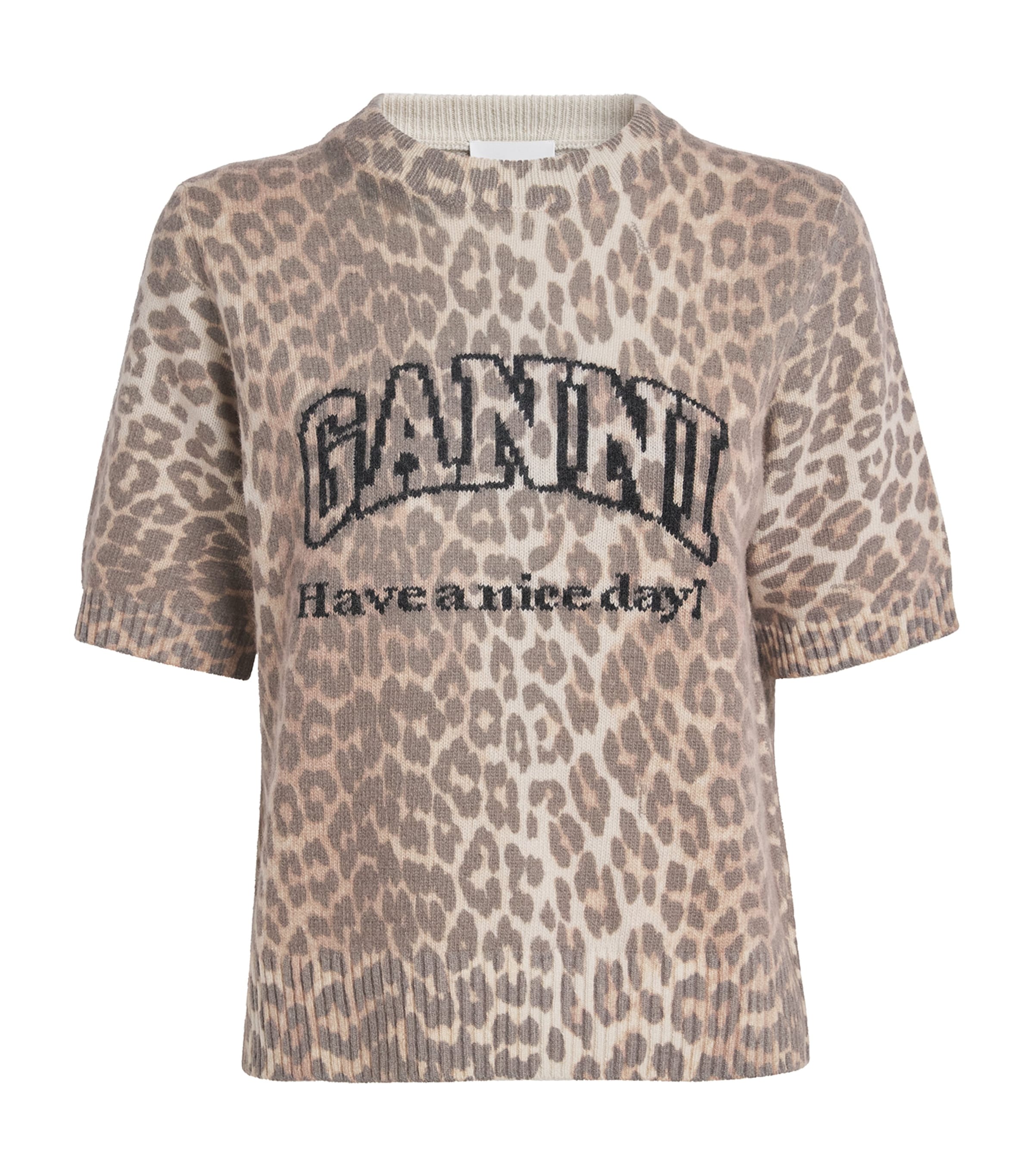 Ganni Leopard Print Short Sleeve Sweater In Animal Print