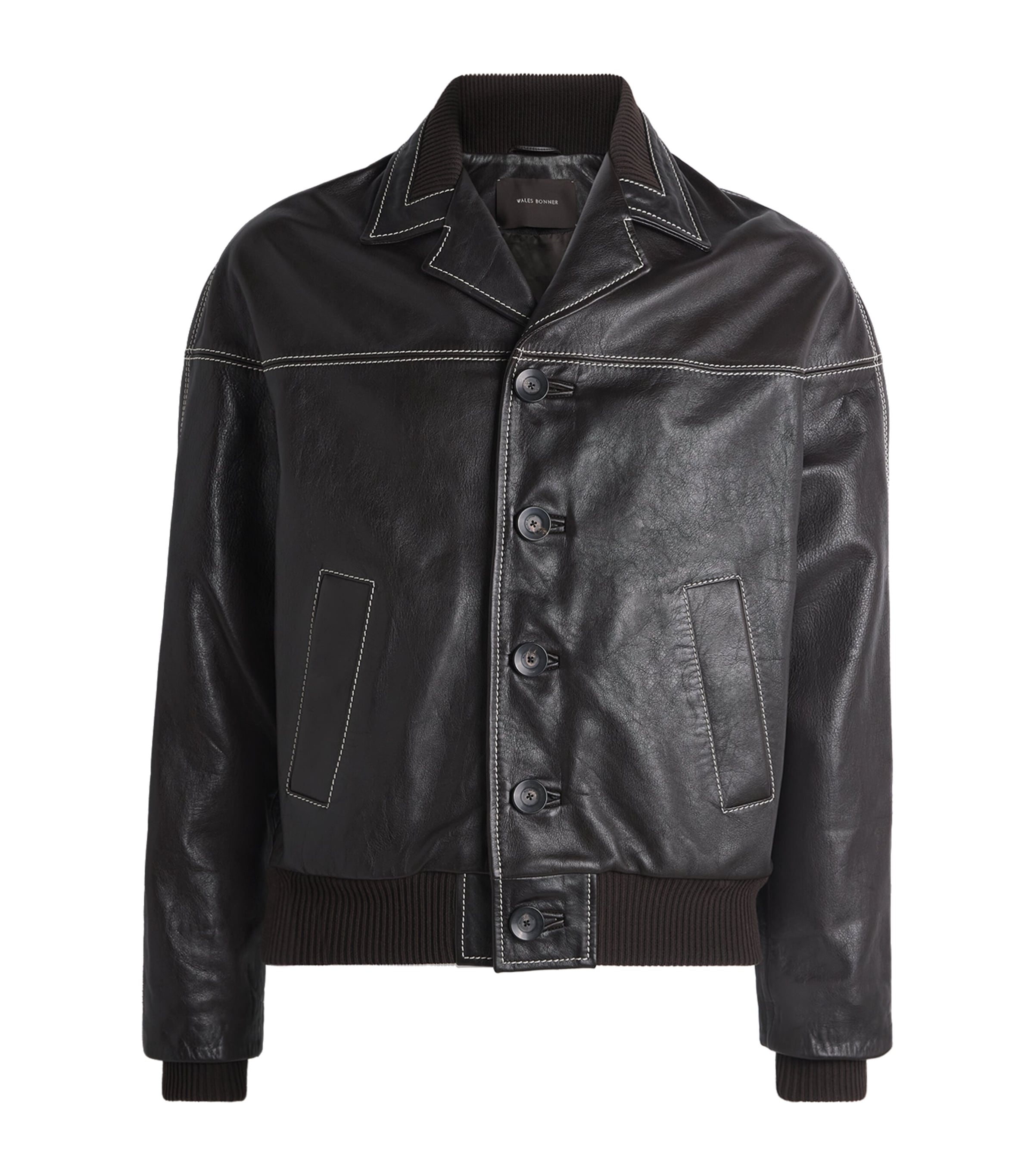 Wales Bonner Topstitched Leather Jacket Dark Brown