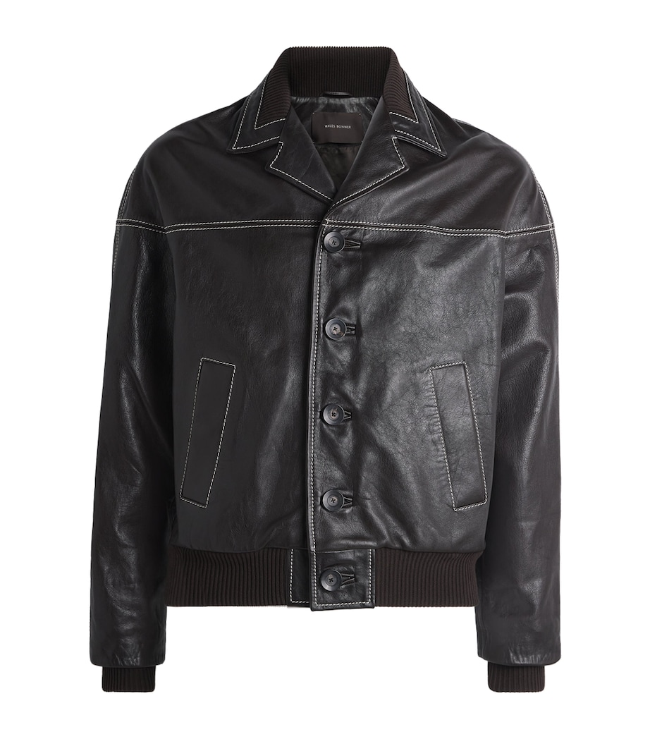 Wales Bonner Mens Topstitched Leather Jacket Dark Brown Image 1
