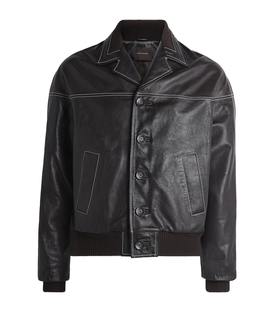 Wales Bonner Topstitched Leather Jacket Dark Brown