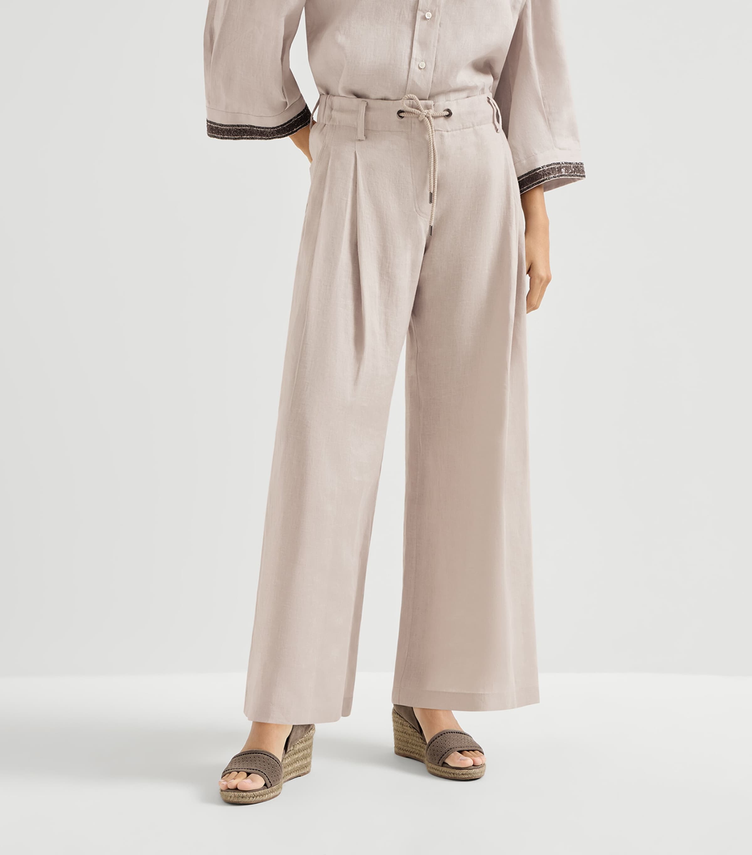 Brunello Cucinelli Womens Linen Drawstring Wide-Leg Trousers Image 3