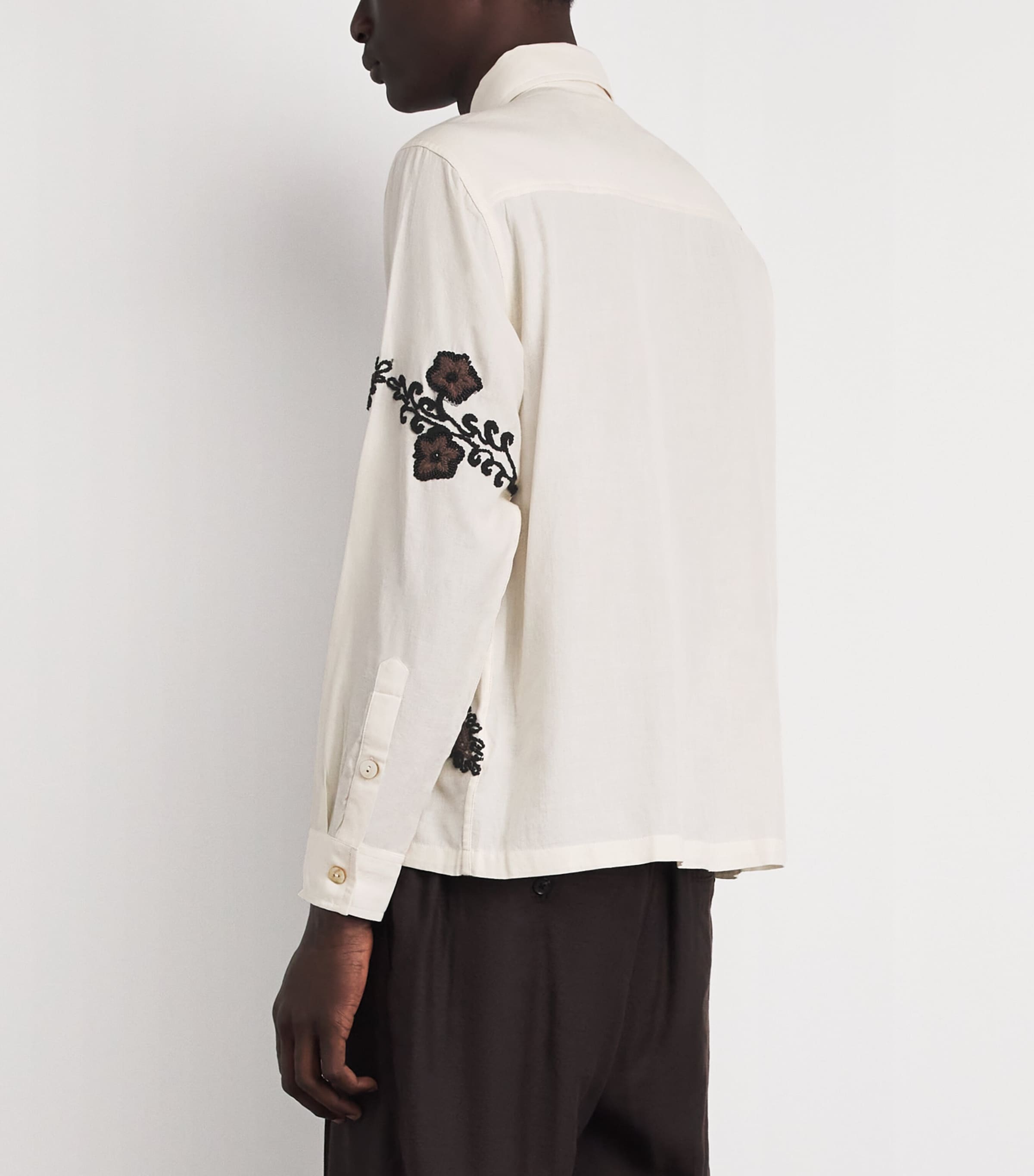 Kartik Research Mens Cotton Embroidered Floral Shirt Ecru/ Black/ Brown Image 5