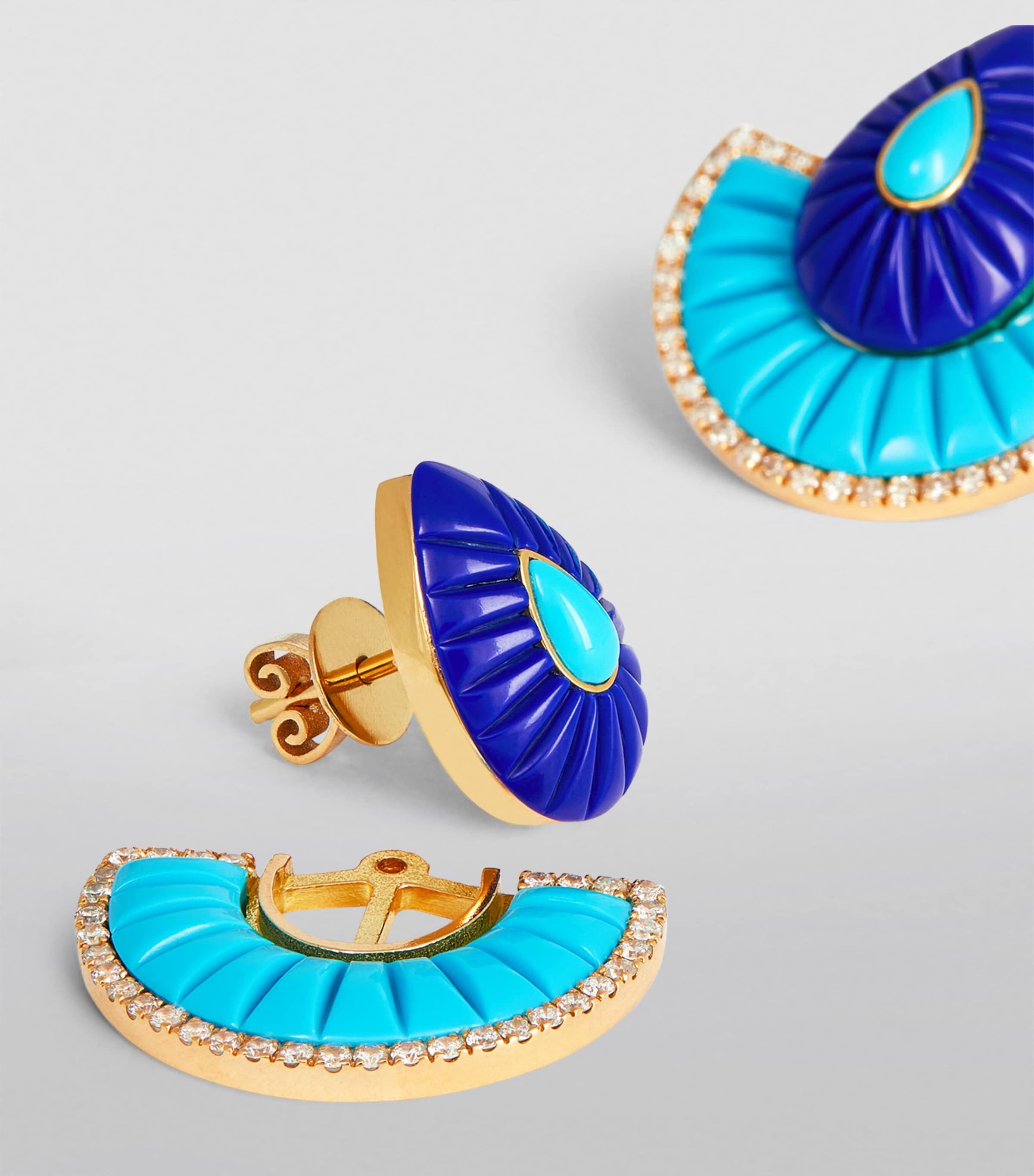 Yellow Gold, Lapis, Turquoise and Diamond Bond Fan Earrings TURQUOISE Image 6