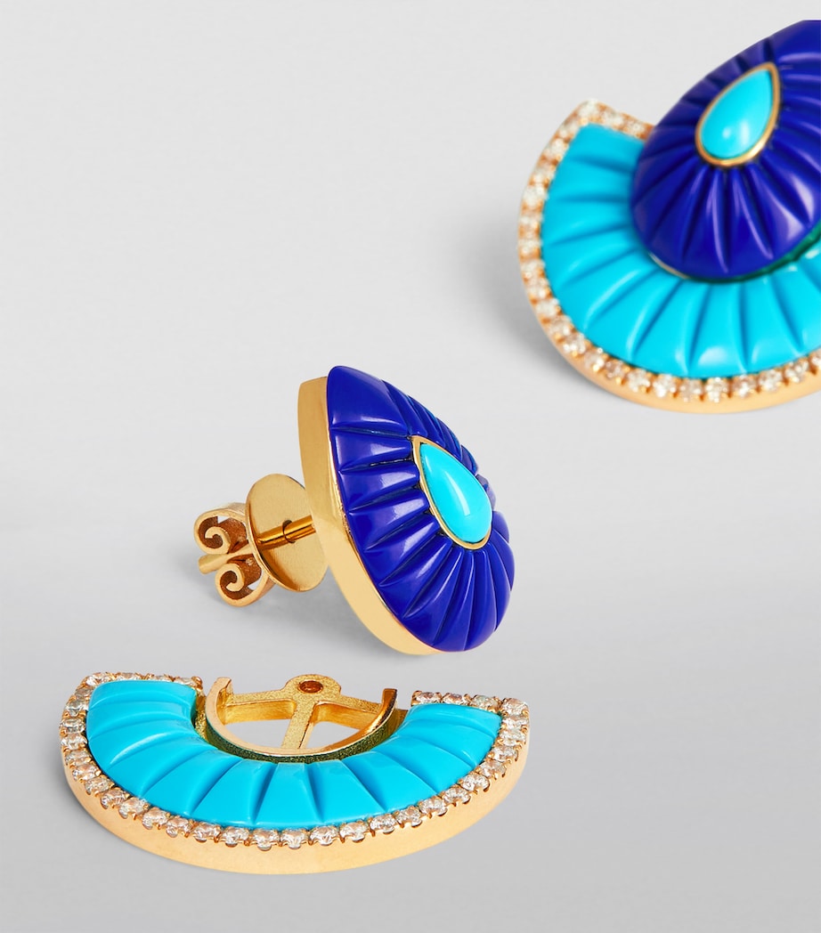 Yellow Gold, Lapis, Turquoise and Diamond Bond Fan Earrings TURQUOISE Image 6