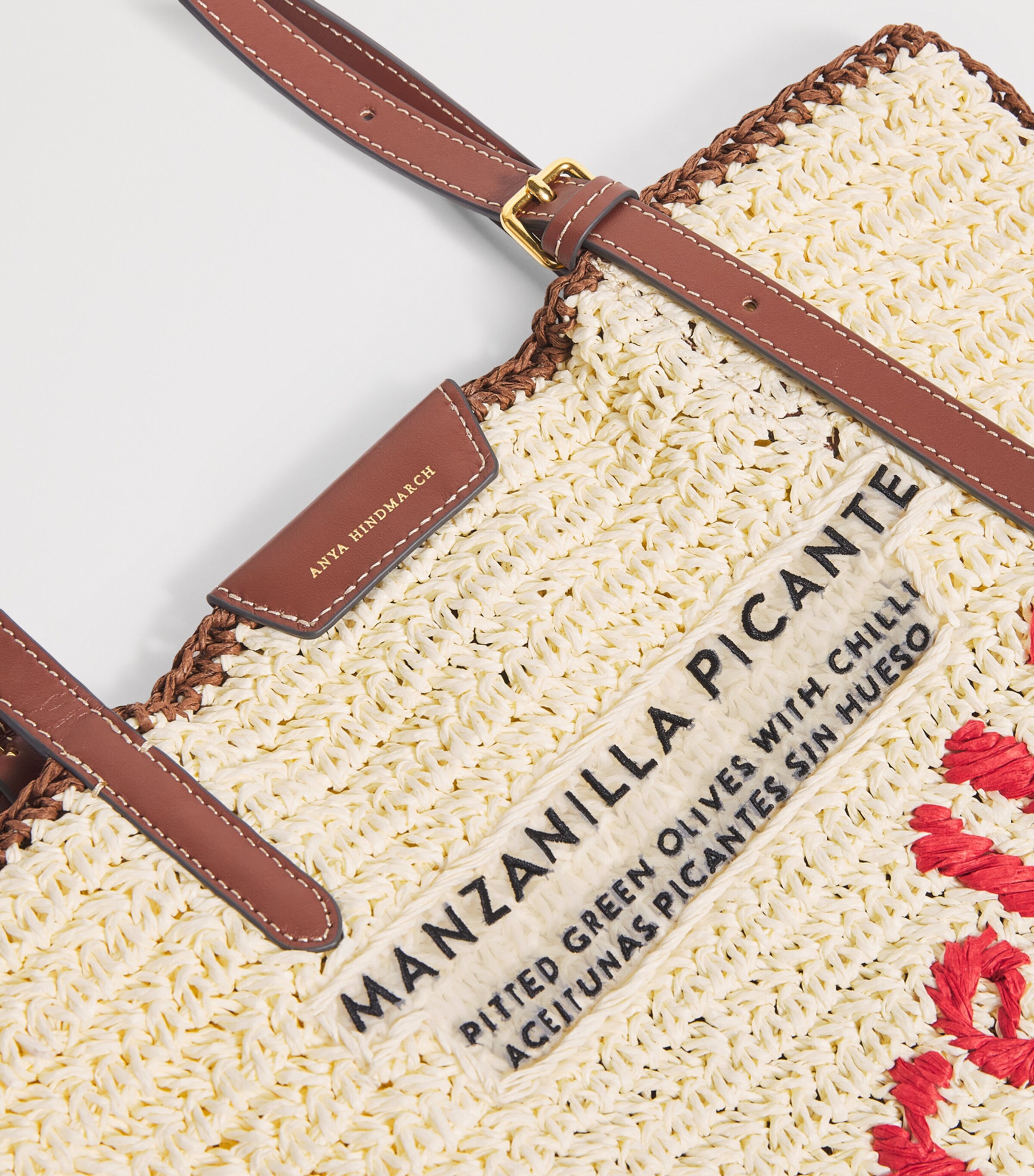 Anya Hindmarch Large Leather-Raffia Olives Tote Bag Chalk Paper Raffia Image 6
