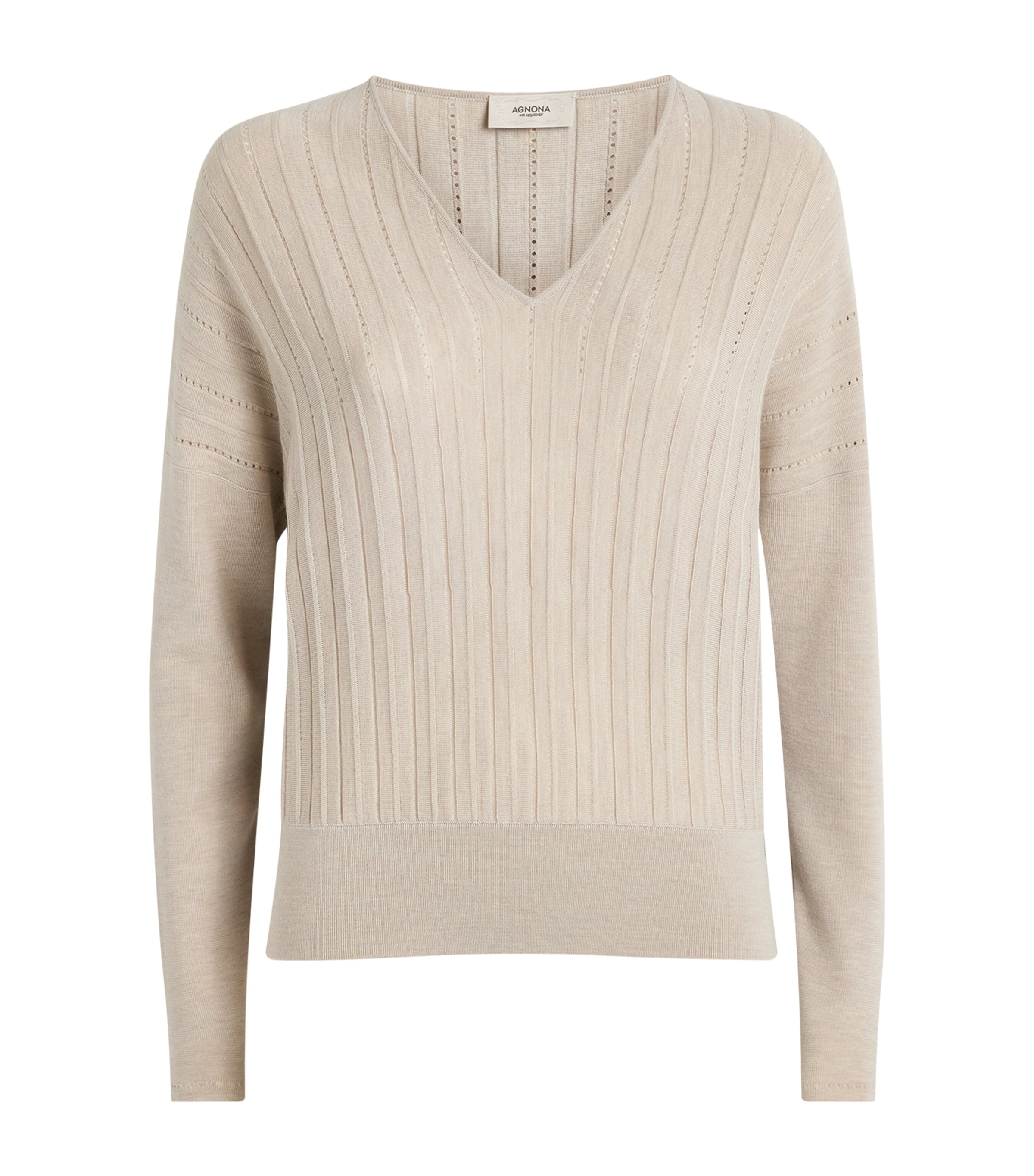 Agnona Womens Plissé V-Neck Sweater Beige Greige Image 1