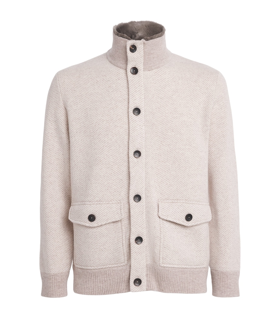 N.Peal Mens Cashmere Herringbone Jacket Sand New Ivory Image 1