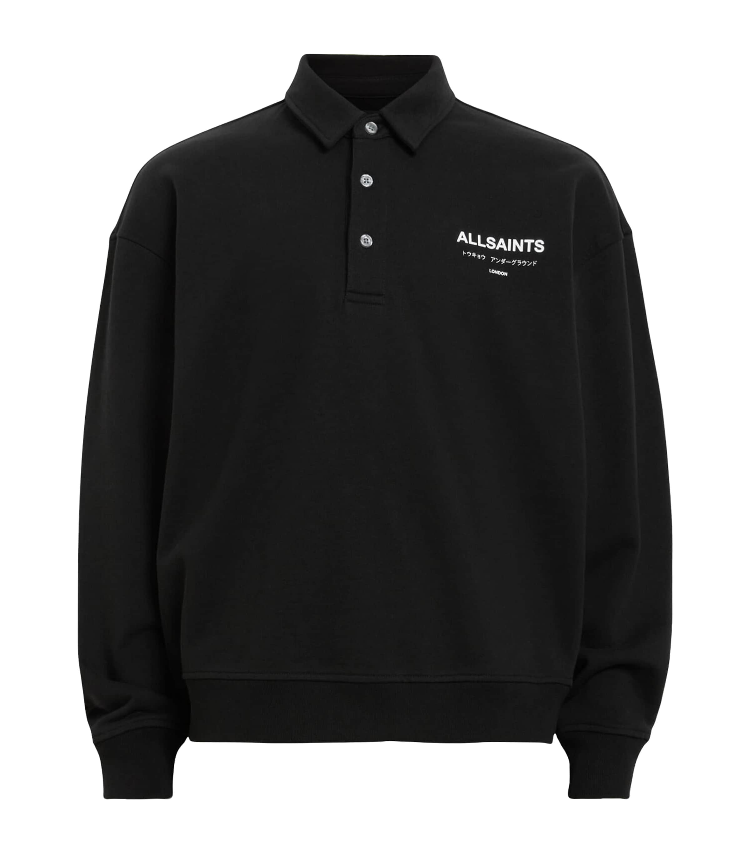 Allsaints Underground Logo Polo Sweatshirt In Black