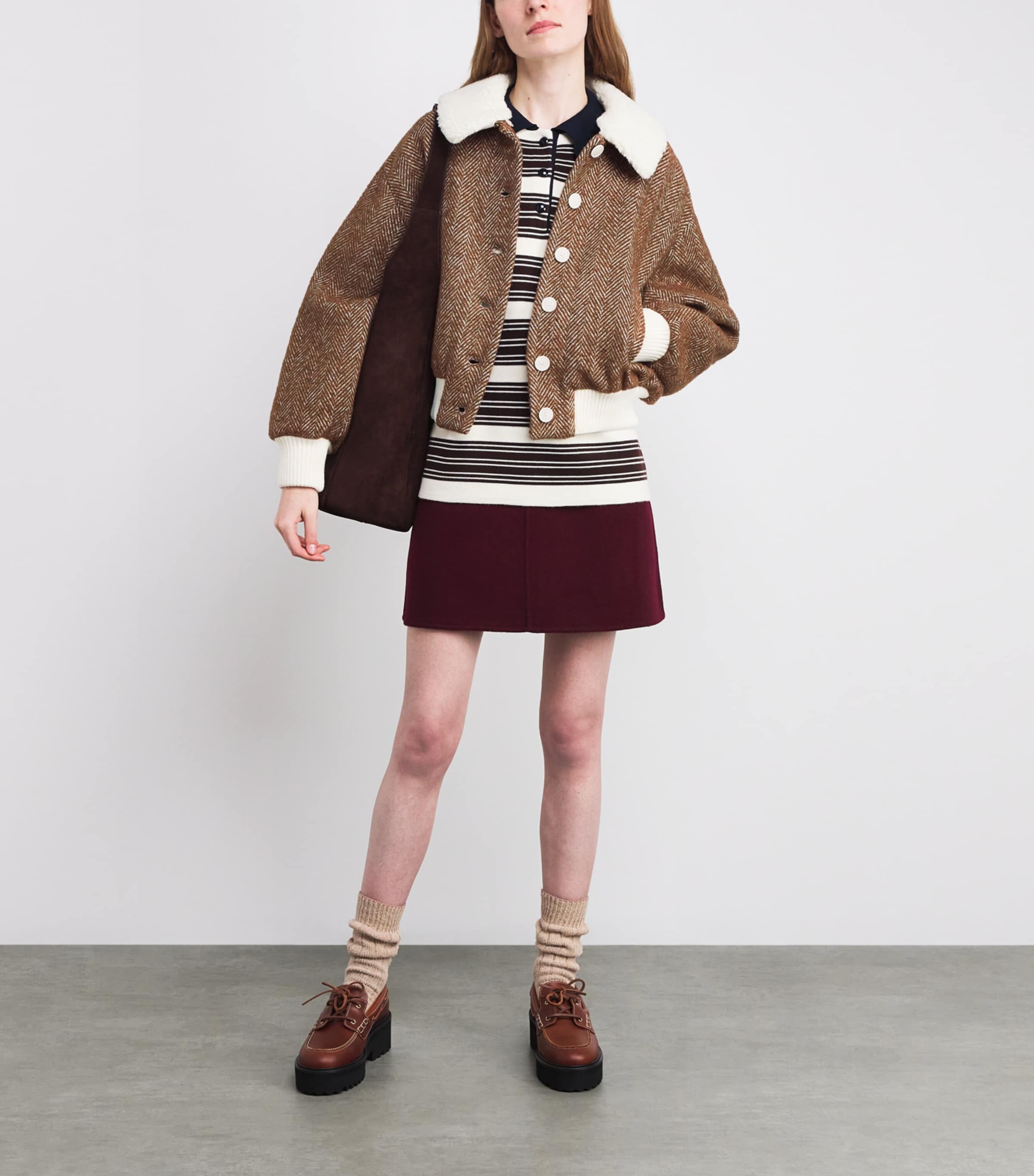 Herringbone Fleece-Trim Bomber Jacket DUAL-COLOR Image 2