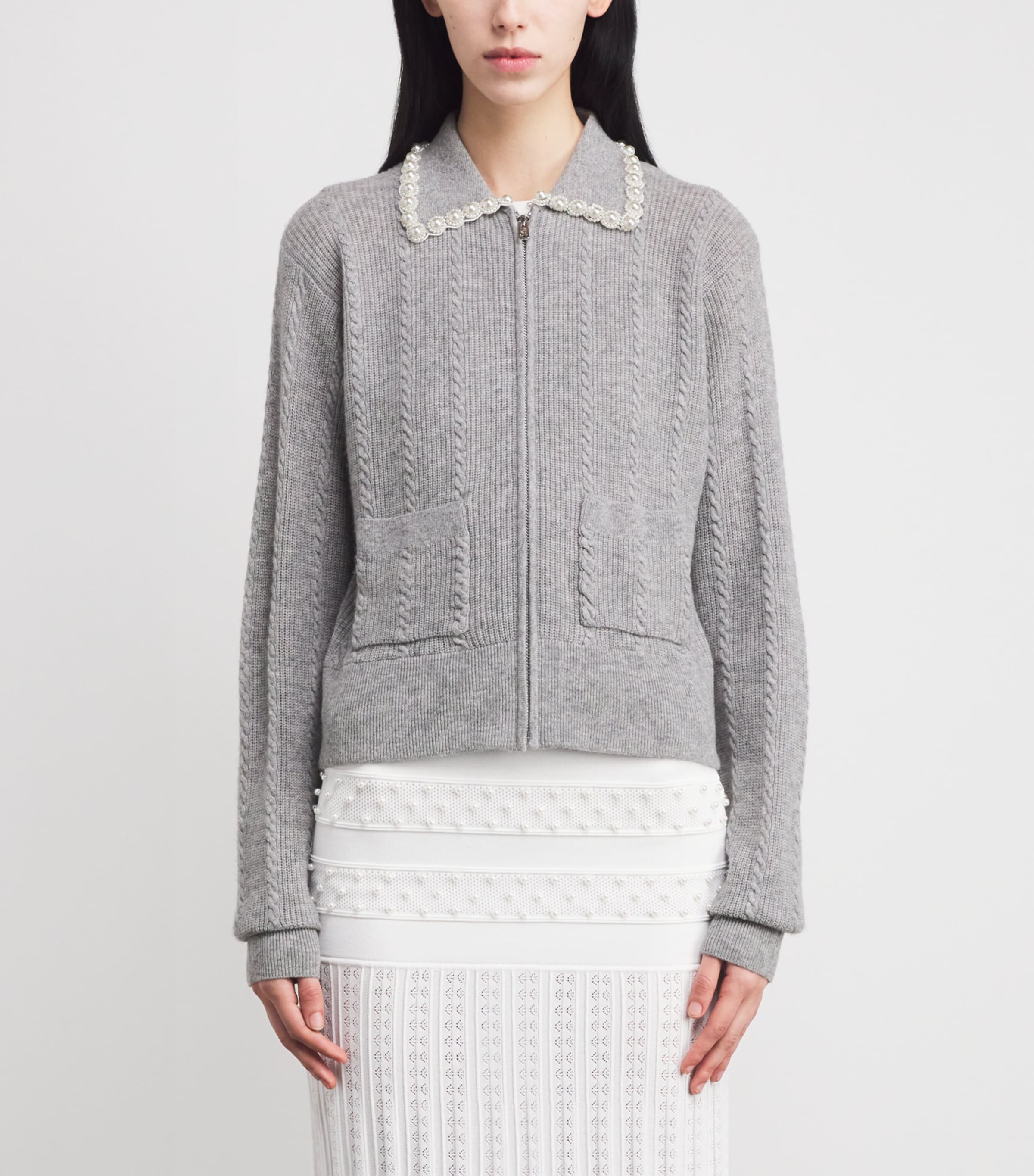 Wool-Cashmere Beaded-Collar Cardigan GREY Image 3